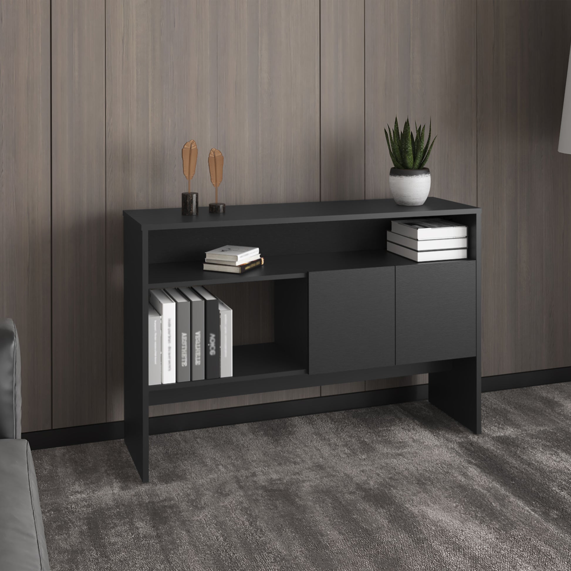 Bellagio 48.7" Wide 2 Tier Narrow Bellagio Console Table With Double Door Cabinet 2 Or Less Black Bathroom Modern Particle Board