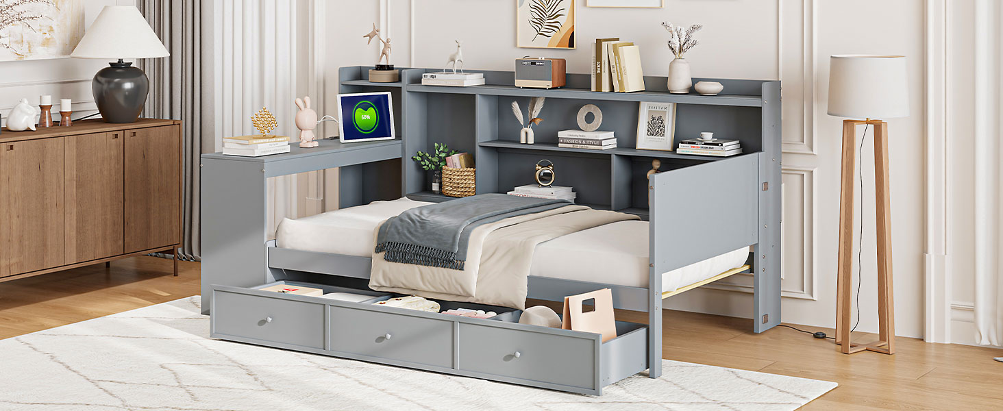 Twin Size Wooden Daybed With 3 Drawers, Usb Ports And Deskgray Twin Gray Wood