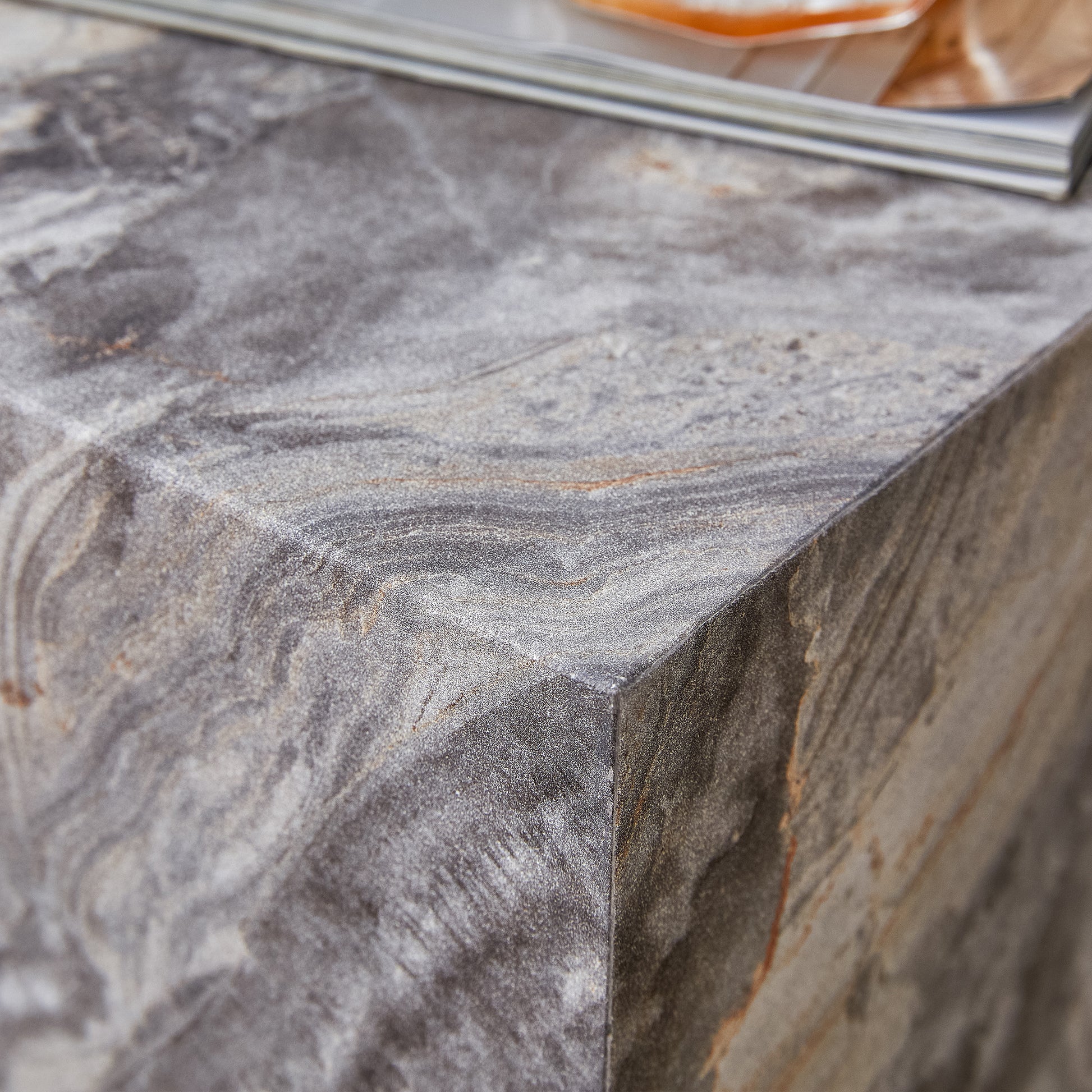 Elevate Your Living Space With This Modern Mdf Coffee Table, Which Showcases Gray Textured Patterns. It Is Characterized By Stylish Design. Grey Mdf