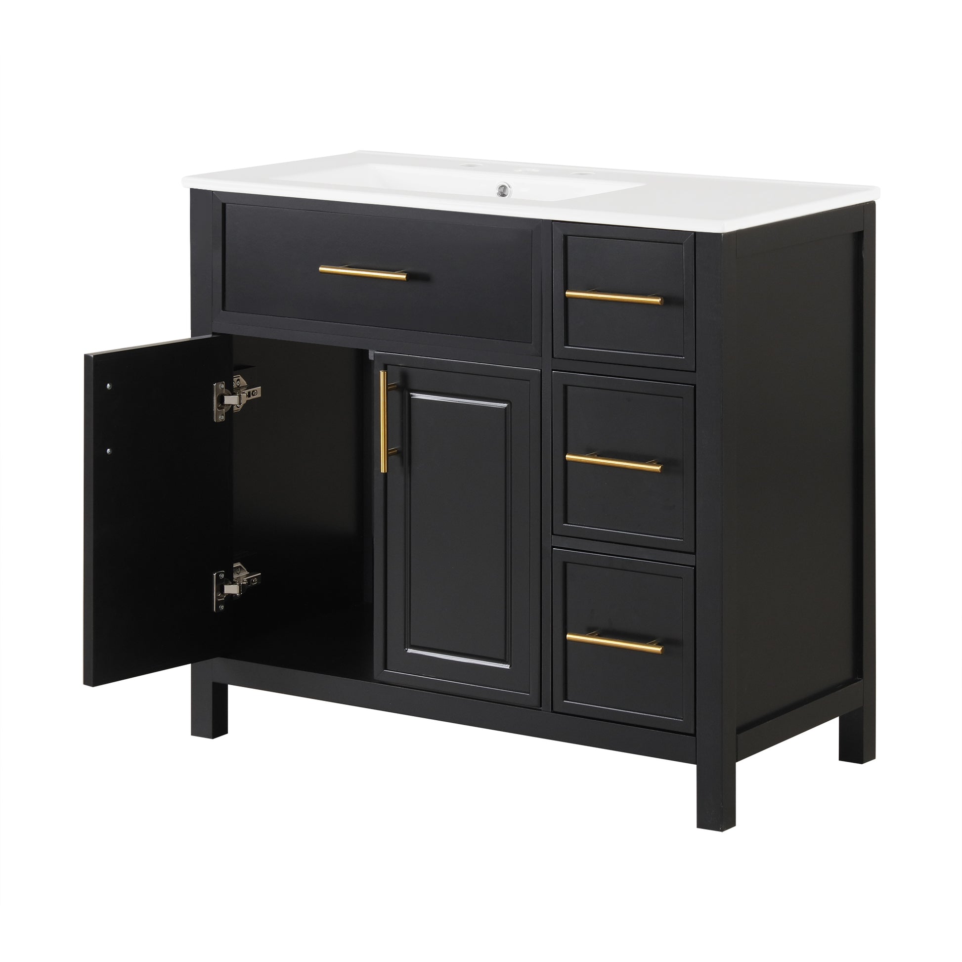 36" Bathroom Vanity With Sink Top, Bathroom Vanity Cabinet With Two Doors And Three Drawers, Solid Woodmdf Boards ,One Package, Black Black Solid Wood Mdf
