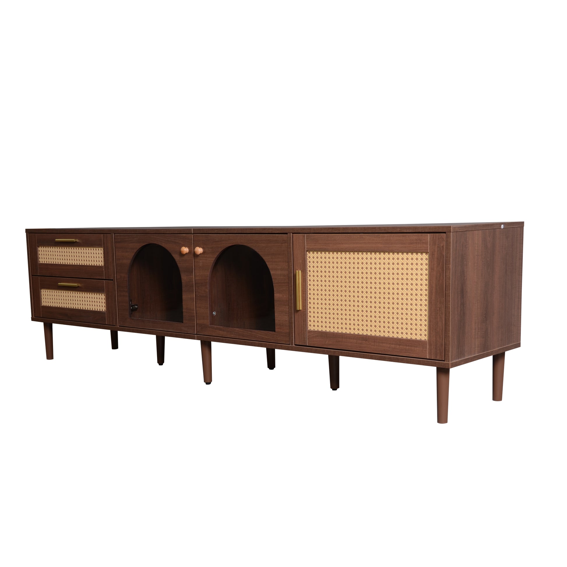 Rattan Tv Stand With 3 Cabinets & 2 Drawers, Rattan Inspired Media Console Table For Tvs Up To 80'', Led Light Entertainment Center, Tv Cabinet For Living Room, Bedroom, Home Theatre Dark Brown