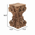 19 Inch Classic Stool Table, Carved Pillar Accent, Wood, Antique Brown Antique Brown Wood