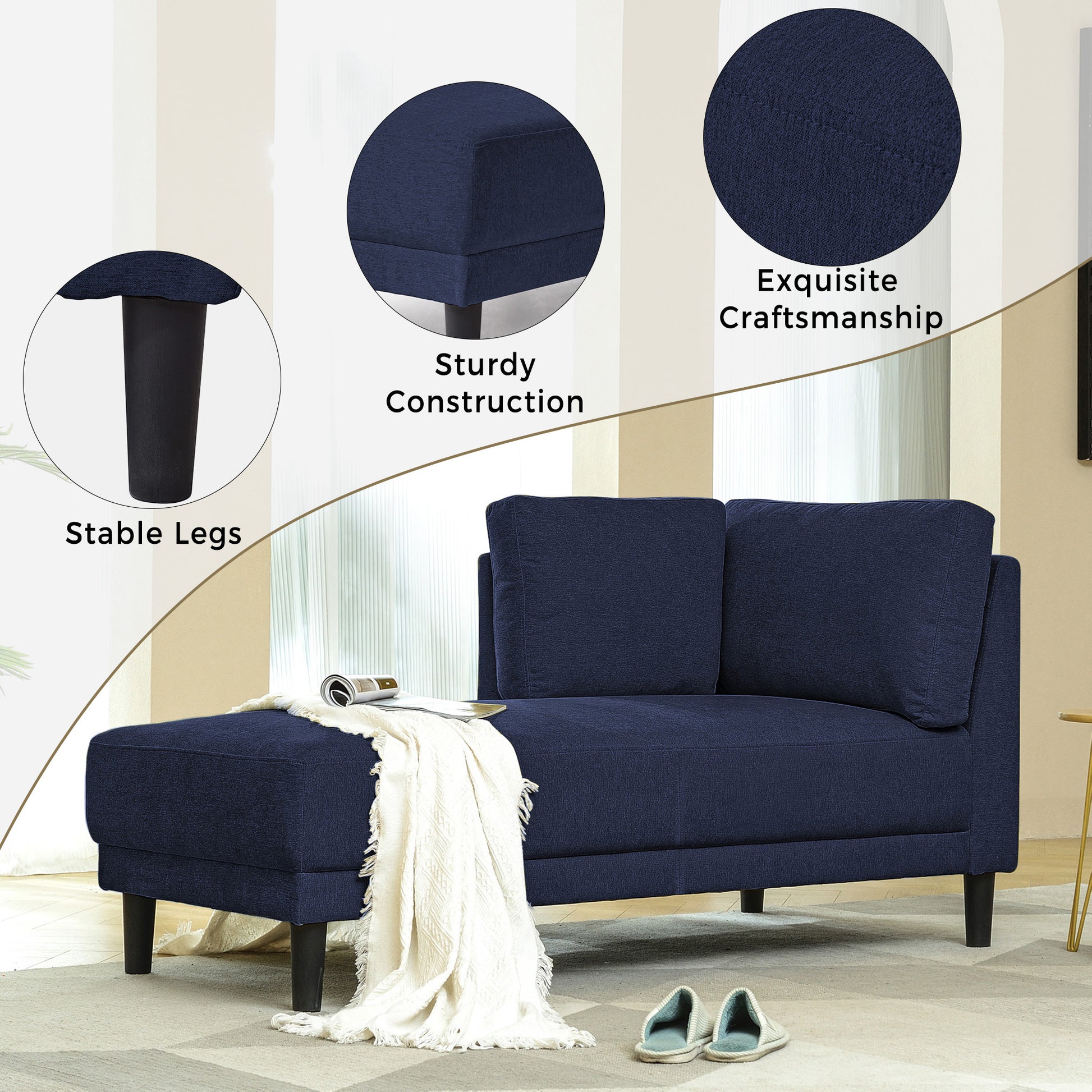 Video 65" Mid Century Modern Linen Fabric Corner Lounge Chair, Upholstered Indoor Chaise Lounge,Sleeper Sofa Bed,Leisure Sofa Recliner For Bedroom,Office,Small Living Room & Apartment,3 Colors Blue Fabric Fabric