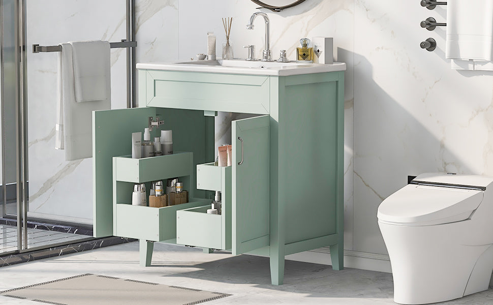 30" Bathroom Vanity With Sink, Multi Functional Bathroom Cabinet With Doors And Drawers, Solid Frame And Mdf Board, Green Green Solid Wood Mdf