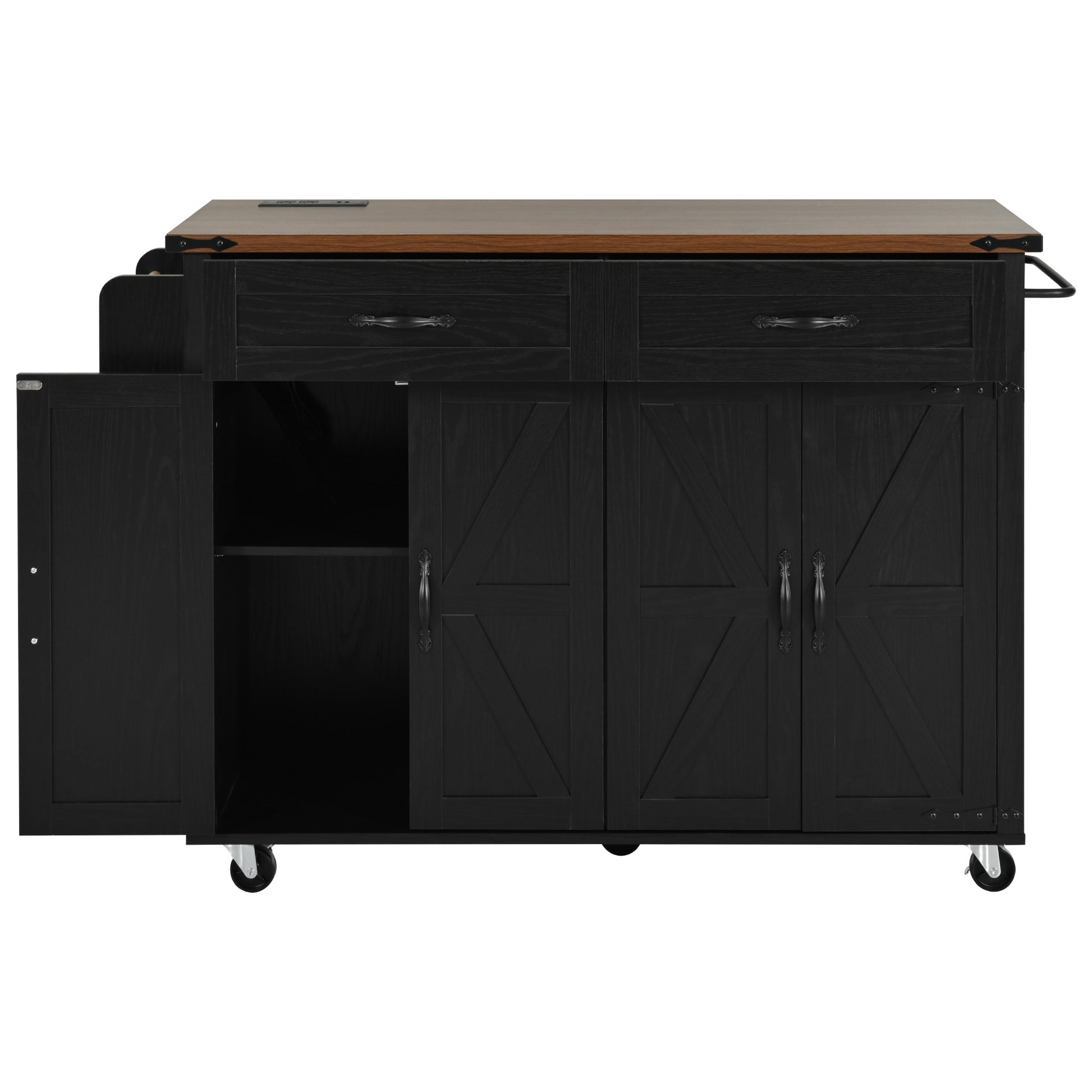 K&K 53.5''Farmhouse Kitchen Island With Power Outlet, Kitchen Storage Island With Drop Leaf, Spice Rack And Drawer, Rolling Kitchen Cart On Wheels, For Home, Kitchen And Dining Room, Black Black