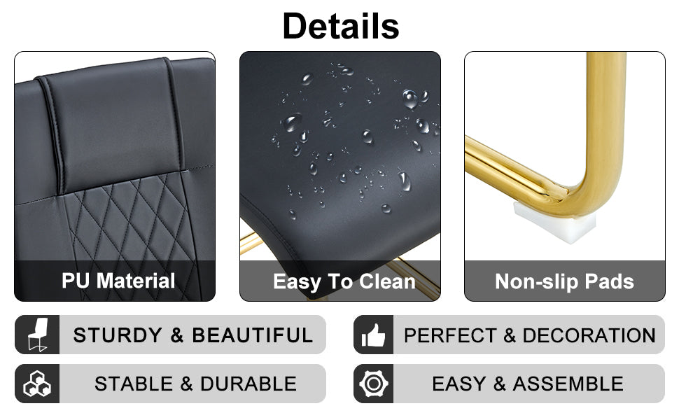 Table And Chair Set, Modern And Minimalist Dining Table, Imitation Marble Patterned Tabletop, Mdf Legs With U Shaped Brackets. Paired With Comfortable Chairs, Suitable For Dining And Living Rooms. Black Gold Mdf Glass