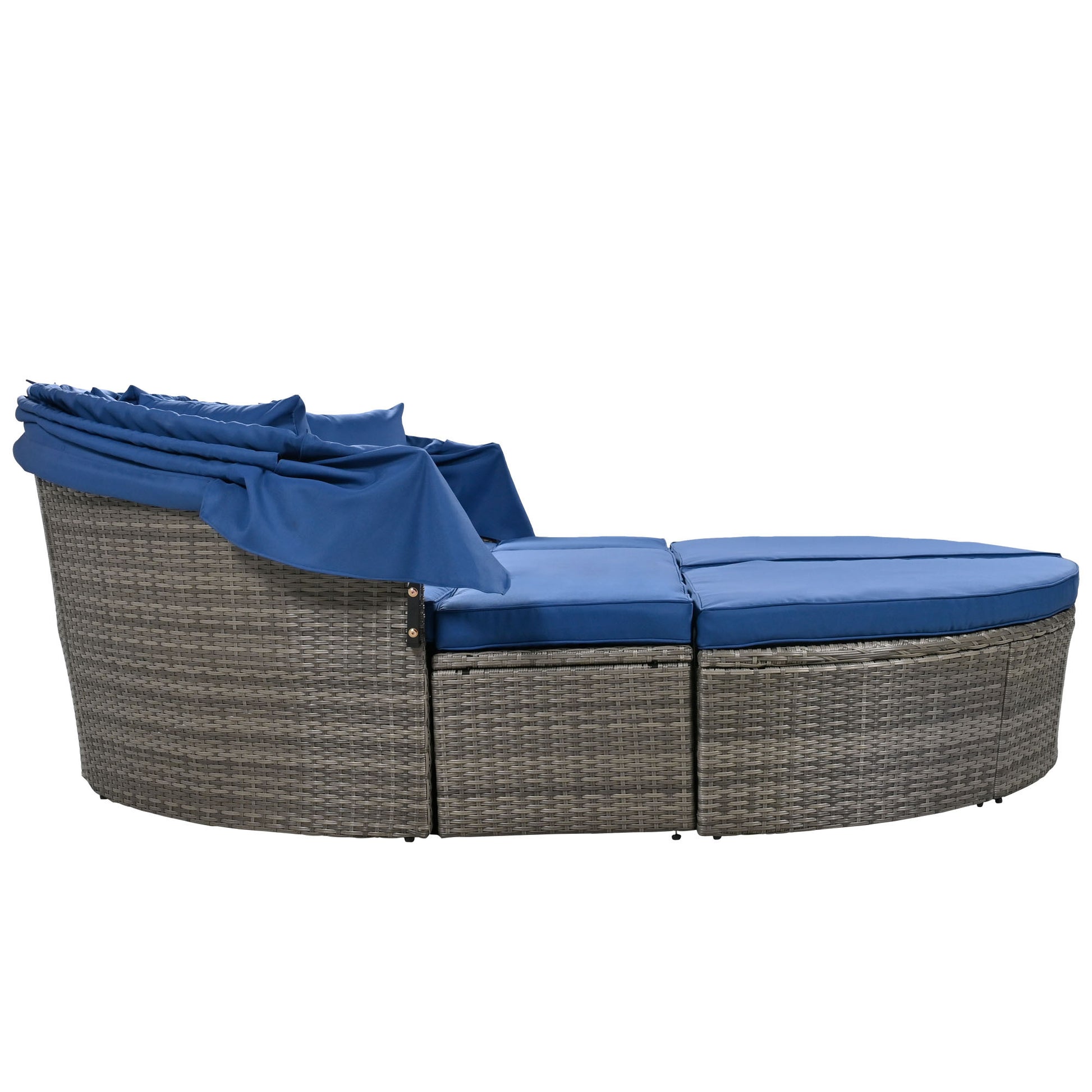 Outdoor Rattan Daybed Sunbed With Retractable Canopy Wicker Furniture, Round Outdoor Sectional Sofa Set, Gray Wicker Furniture Clamshell Seating With Washable Cushions, Backyard, Porch, Blue Yes Blue Seats 8 Garden & Outdoor Foam Wicker