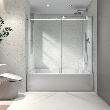 6063 Chrome Frameless One Fixed And One Shifted Shower Door, 70Mm 304 Stainless Steel Large Pulleys With Adjustable Soft Closing Function,With Nano Easy Cleaning And Stick Explosion Proof Menbrance Chrome Bathroom American Design,Minimalist Glass Metal