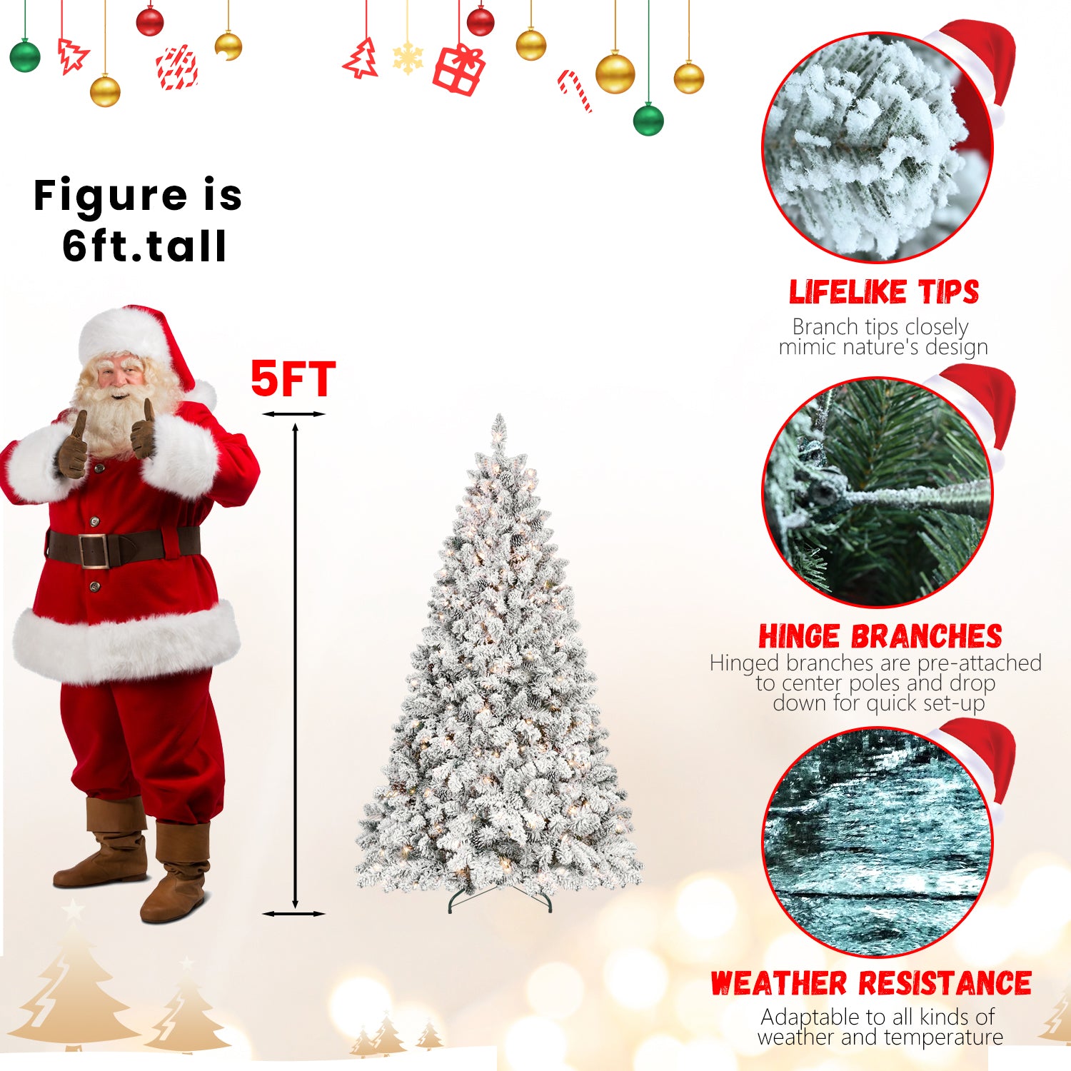 6Ft Snow Flocked Artificial Christmas Tree With Pine Cones, Prelit Xmas Trees, Hinged Easy Assembly & Reinforced Metal Base Ideal For Indoor & Outdoor Festive Decorations White Polyethylene