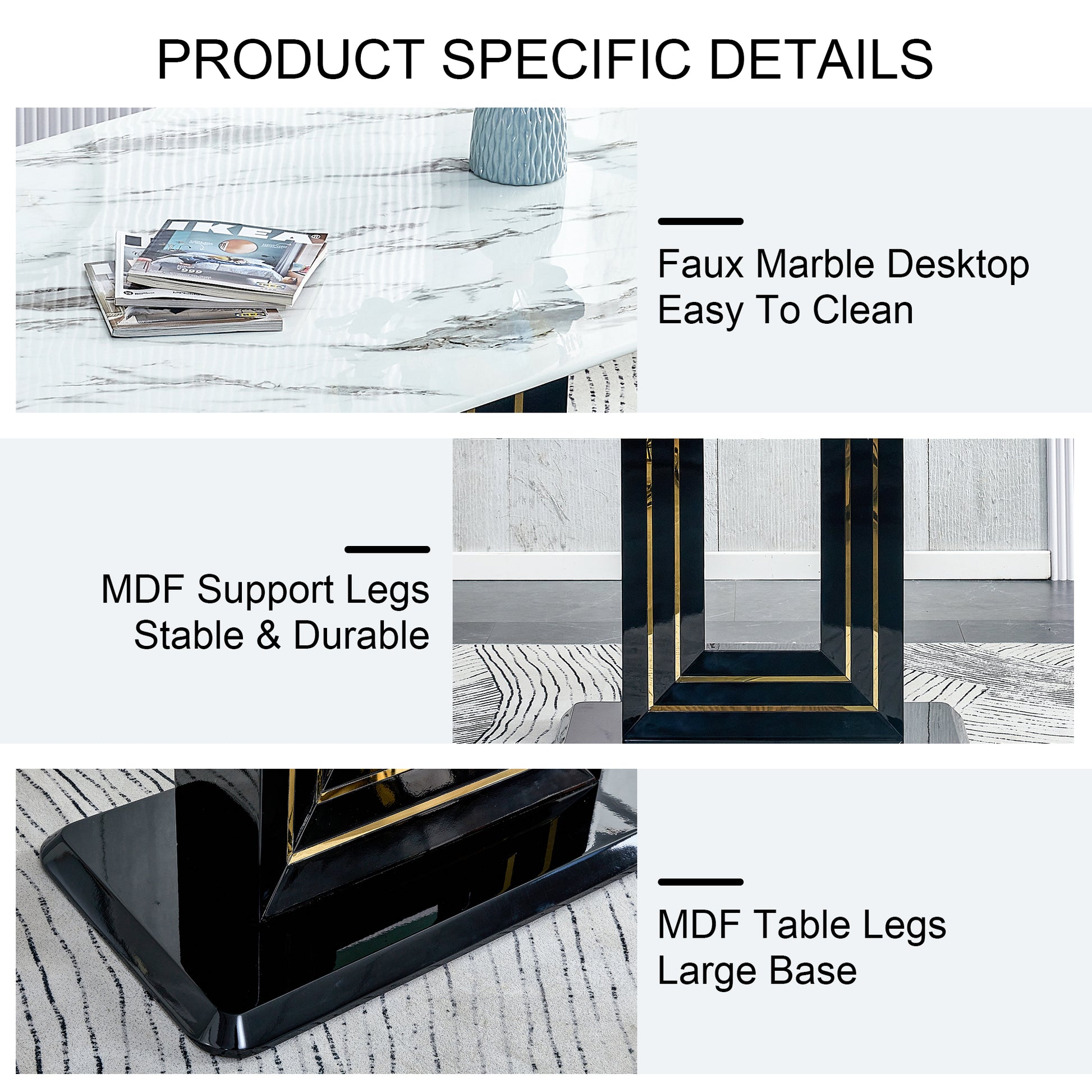 Modern Dining Table Set, 7 Piece Faux Marble Kitchen Table For 6 8, Glass Rectangular Dining Room Table With U Shaped Table Legs, Dining Table & 6 Chairs Metal Black Rectangular Mdf Glass