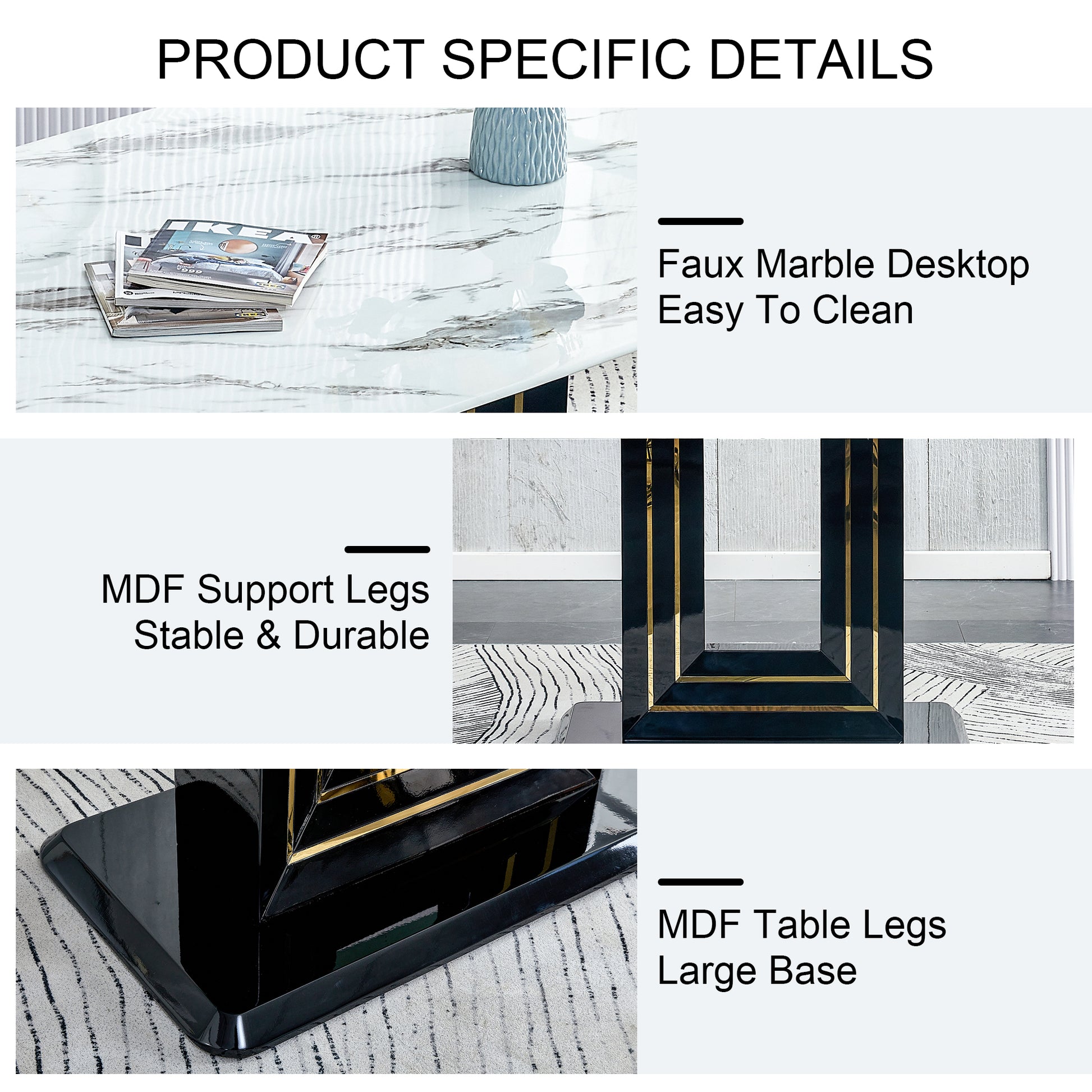 63" Dining Table, Luxurious Dining Room Table With Faux Marble Top And U Shape Mdf Base, Modern Kitchen Dining Table For Kitchen Living Dining Room White Black Seats 6 Dining Room Luxury,Modern Mdf Glass