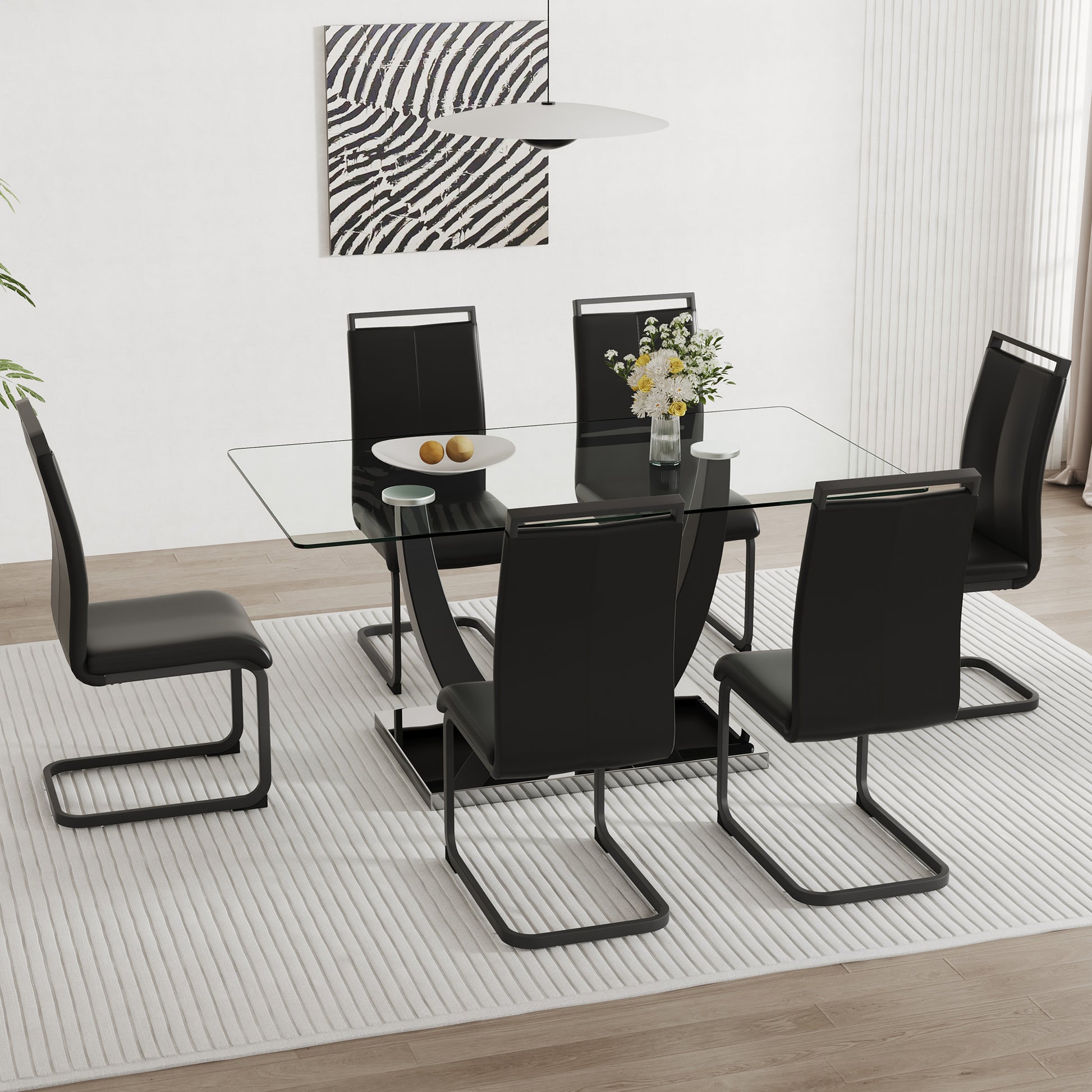 Table And Chair Set.Large Rectangular Glass Dining Table, 0.39 "Tempered Glass Countertop And Black Metal Shaped Bracket.Comes With Chairs With Faux Leather Cushions.Suitable For Kitchen, Dining Room. Black Seats 6 Glass Metal