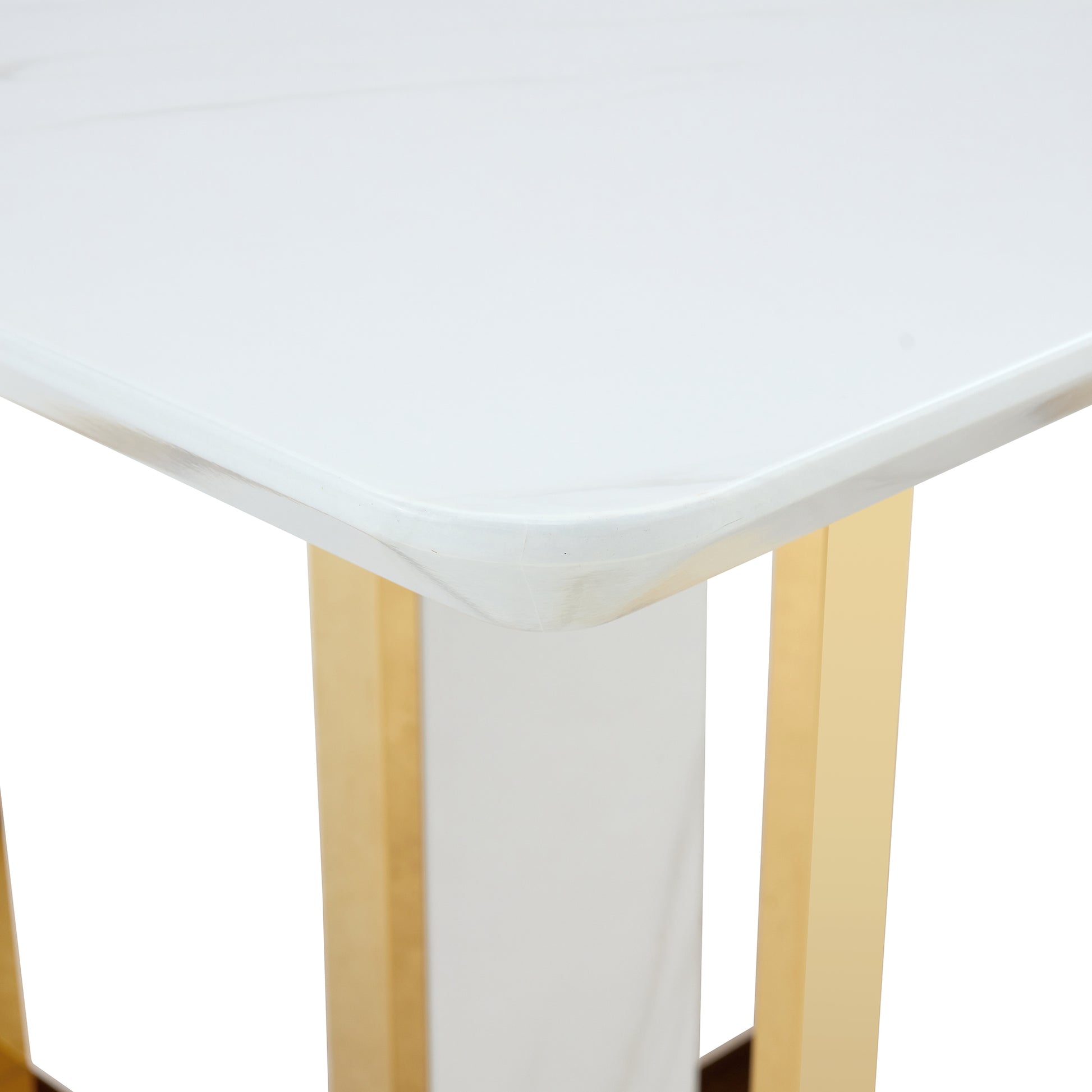 Table And Chair Set.67"X36" White Marble Pattern Mdf Dining Table Set With 8 White Pu Chairs.Mdf Sticker,White Marble Pattern Sticker,Gold C Tube Chair Legs,Suitable For Kitchen,Dining Room,Etc.