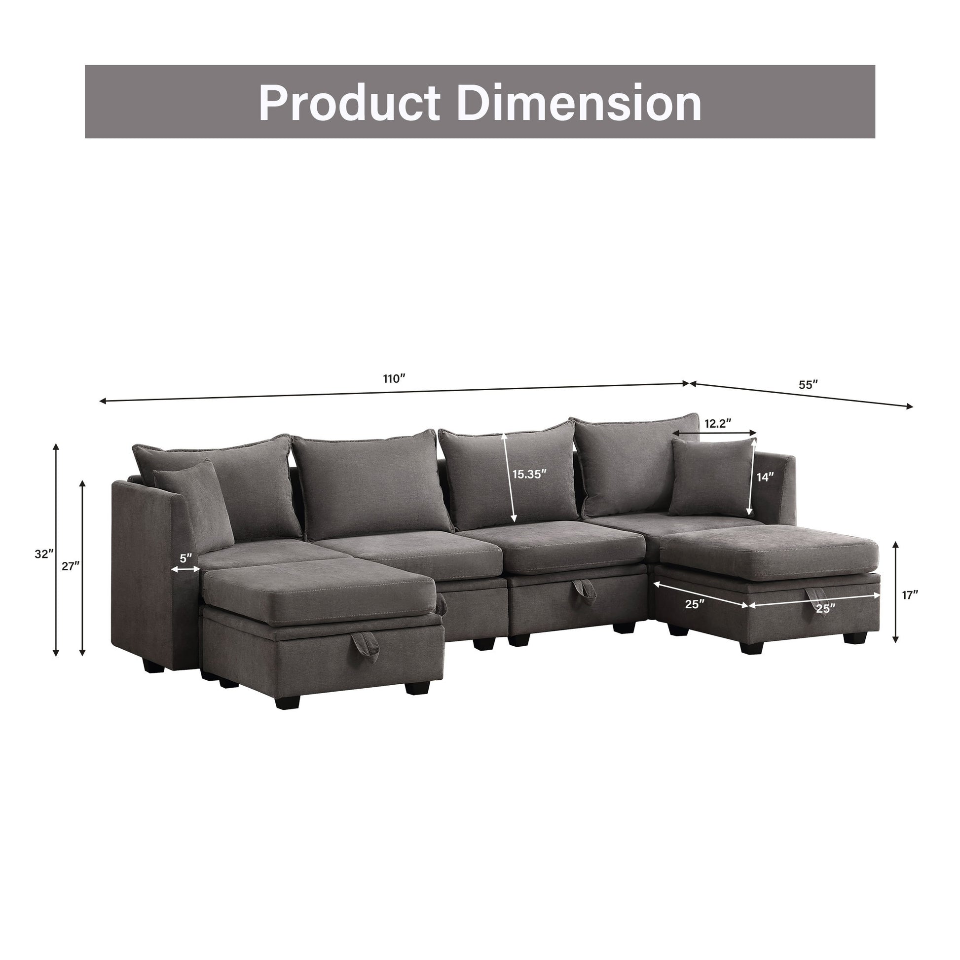 Modular Sectional Sofa, Convertible Sofa Couch With Storage, Sleeper Sectional Sofa Set, Flexible Modular Combinations Fabric Couch For Living Room Grey,6 Seat Sofa Grey Wood Soft Heavy Duty Fabric 6 Seat