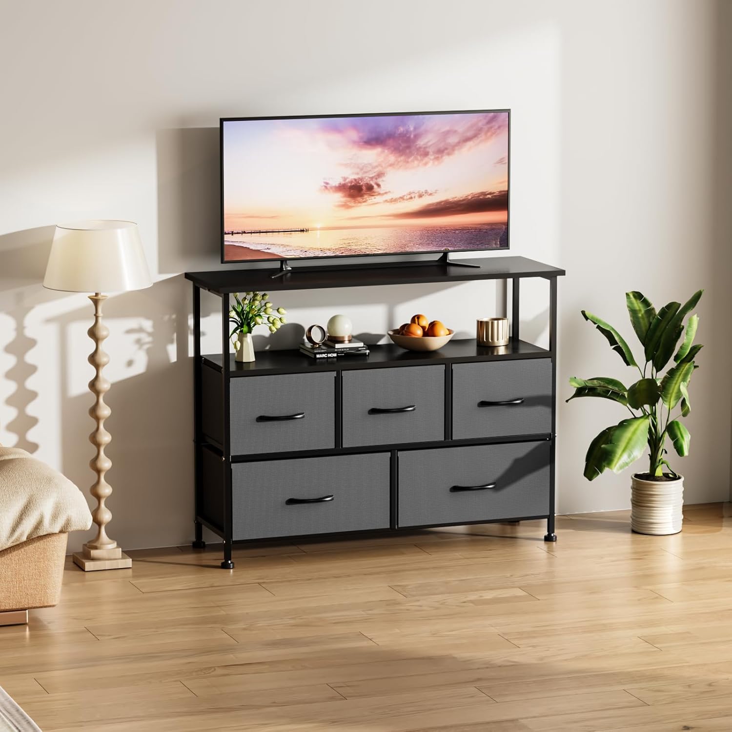 Tv Stand Dresser For Bedroom Entertainment Center With 5 Fabric Drawers, Storage Organizers Units For Living Room, Media Console Table With Open Shelf Up For 45" Tv, Gray, Wood Top Gray Wood