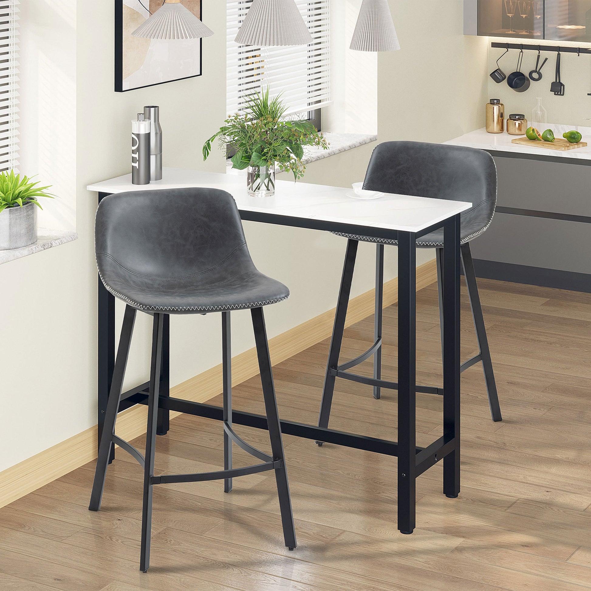 Homcom 27.25" Counter Height Bar Stools, Industrial Kitchen Stools, Upholstered Armless Bar Chairs With Back, Steel Legs, Set Of 2, Gray Grey Steel