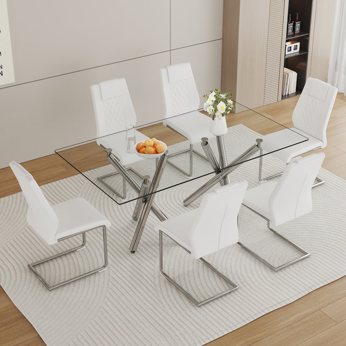 Table And Chair Set.Large Minimalist Rectangular Glass Dining Table For 6 8 With 0.39" Tempered Glass Tabletop And Silver Chrome Metal Legs.Paried With Comfortable Chairs With Pu Seats And Metal Legs. Silver Seats 6 Glass Metal