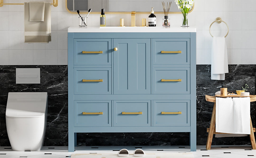36'' Bathroom Vanity With Resin Sink Combo, Solid Wood Frame Bathroom Storage Cabinet, Freestanding Vanity Set With 5 Drawers& Soft Closing Doors Same As Sw000142Aam Blue Bathroom Solid Wood Mdf Resin