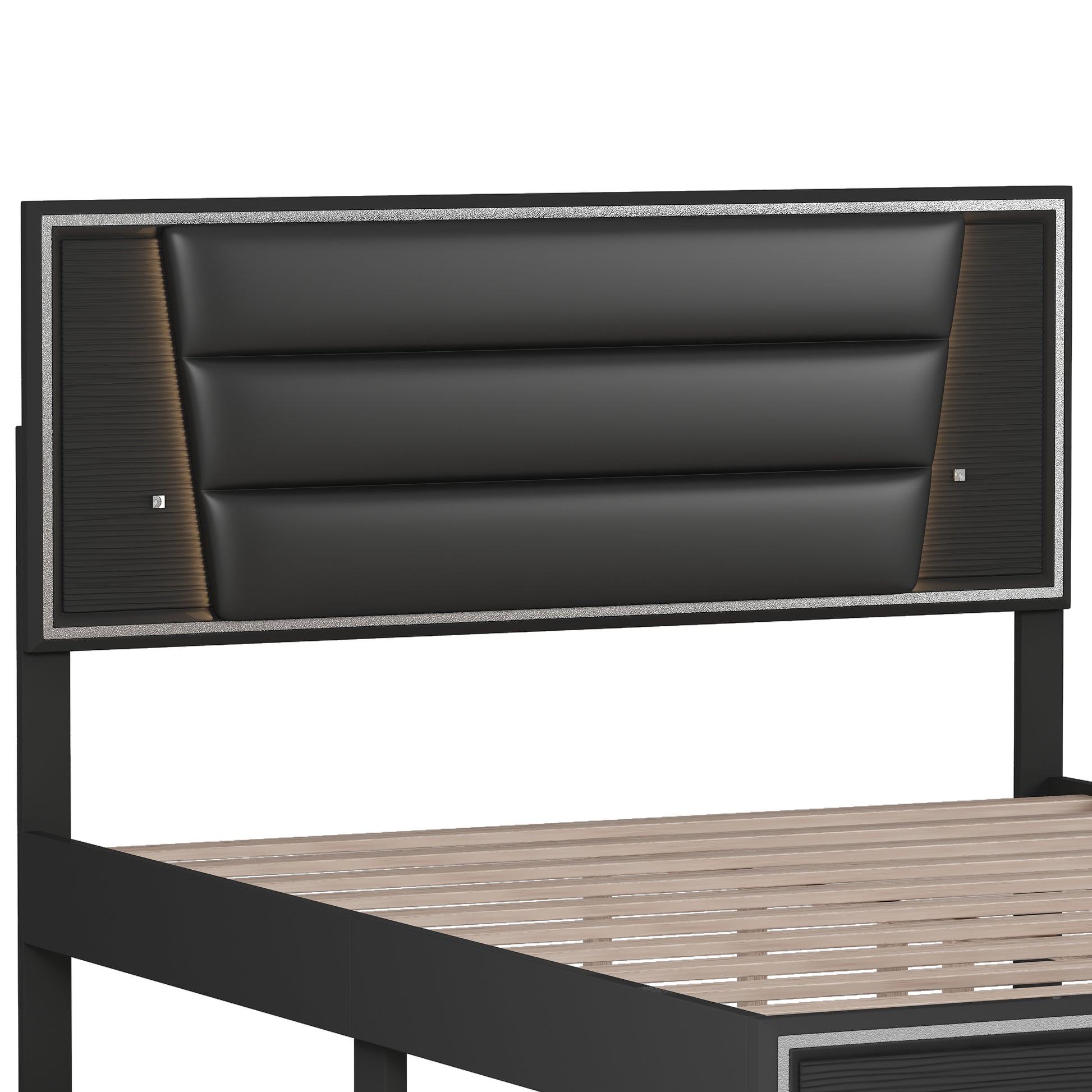 Queen Size Pu Upholstered Bed, Headboard With Led Light Strips And Sparkling Shiny Decoration, No Box Spring Required, Black Queen Black Pu