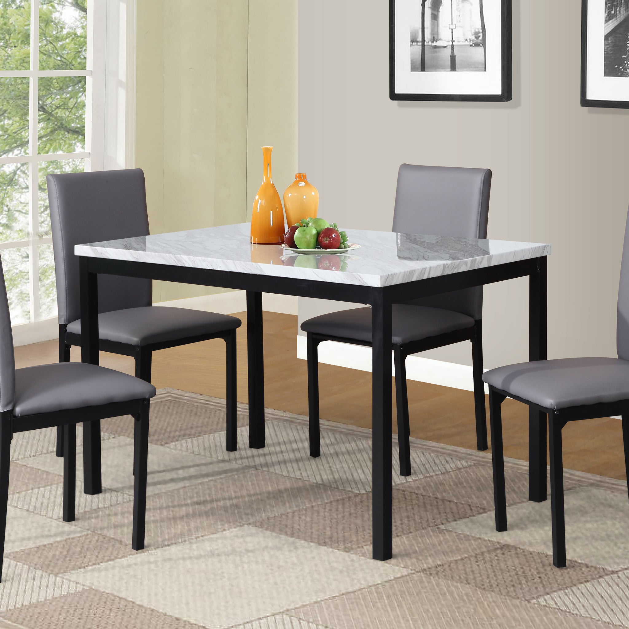 Citico 5 Piece Metal Dinette Set With Laminated Off White Faux Marble Top, 4 Gray Chairs Metal White Black Seats 4 Metal Dining Room Fixed Table 4 Leg Rectangular Dining Table With Chair Metal & Wood