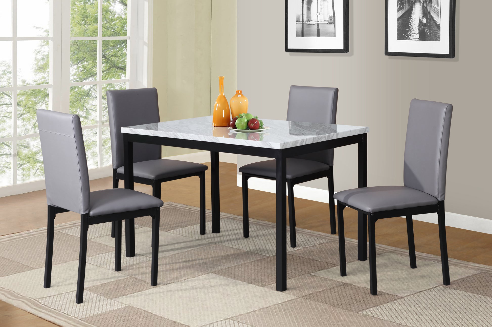 Citico 5 Piece Metal Dinette Set With Laminated Off White Faux Marble Top, 4 Gray Chairs Metal White Black Seats 4 Metal Dining Room Fixed Table 4 Leg Rectangular Dining Table With Chair Metal & Wood