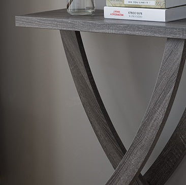 Modern Console Table With Curved Intersecting Legs And Spacious Top In Distressed Grey Gray Mdf