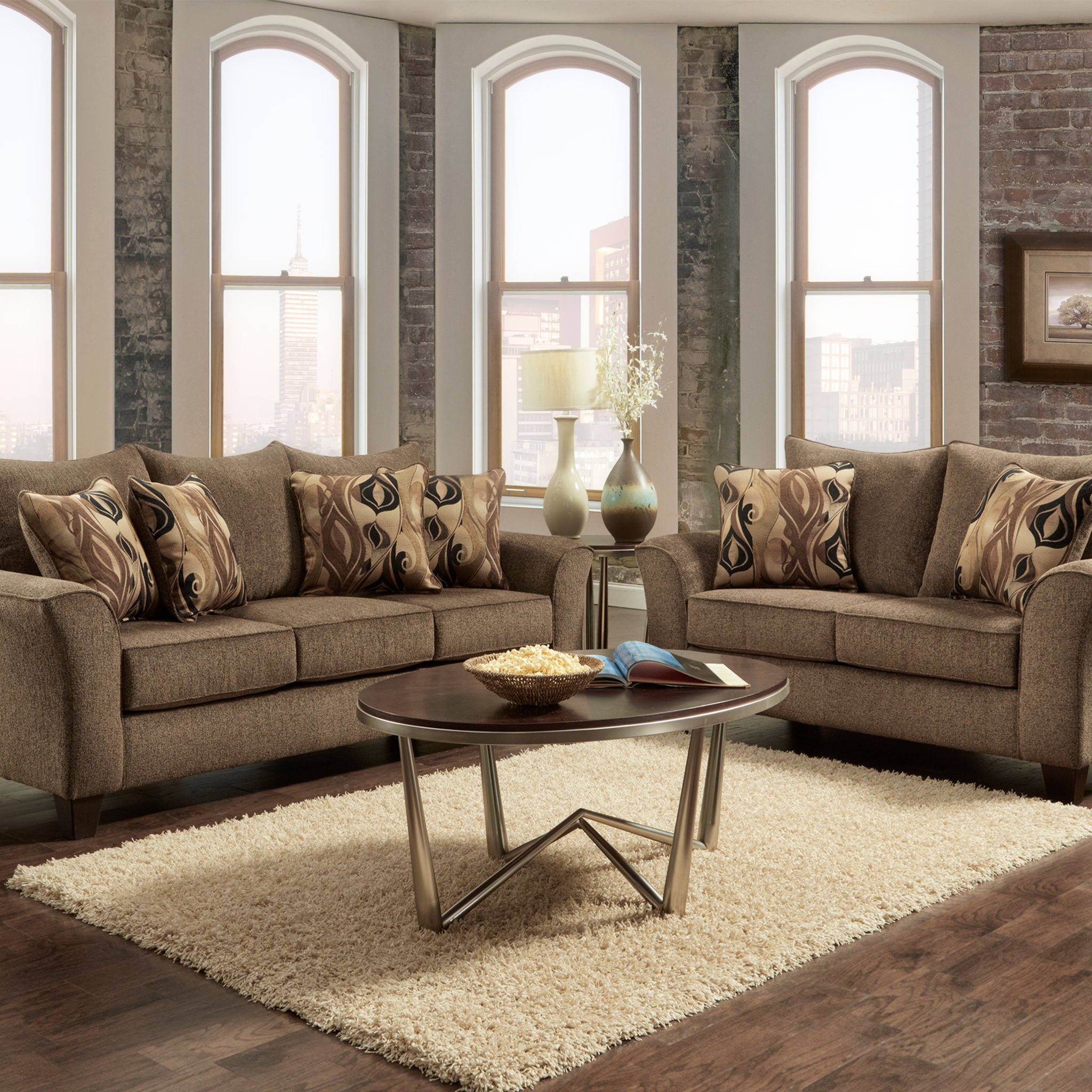 Camero Fabric Pillowback 2 Piece Living Room Set, Sofa And Loveseat, Brown Brown Espresso Polyester Wood Primary Living Space Medium Soft Pillow Back Contemporary Flared Arms Polyester 5 Seat