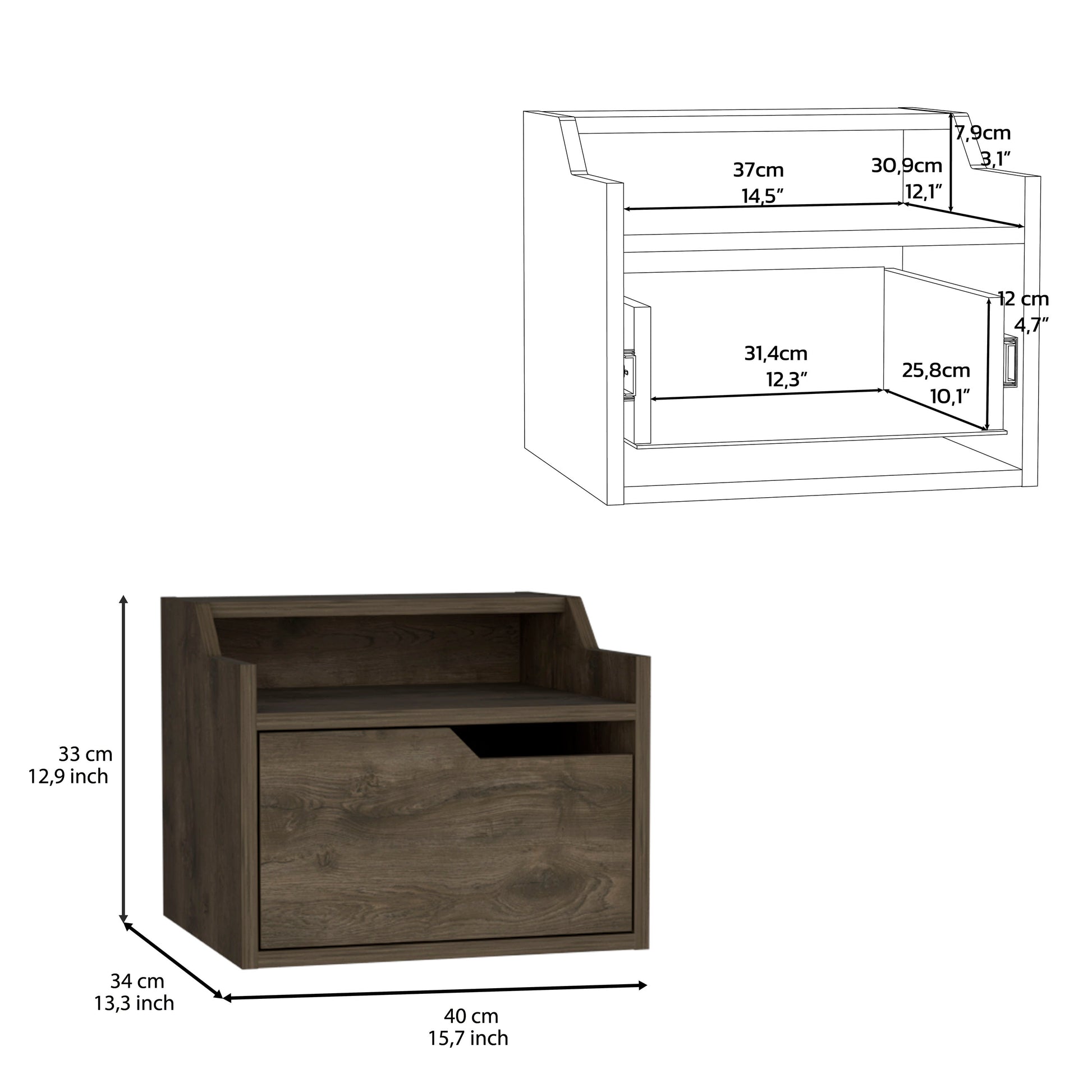 Winchester Floating Nightstand, Modern Dual Tier Design With Spacious Single Drawer Storage, Dark Brown Dark Brown Solid Wood Mdf Engineered Wood