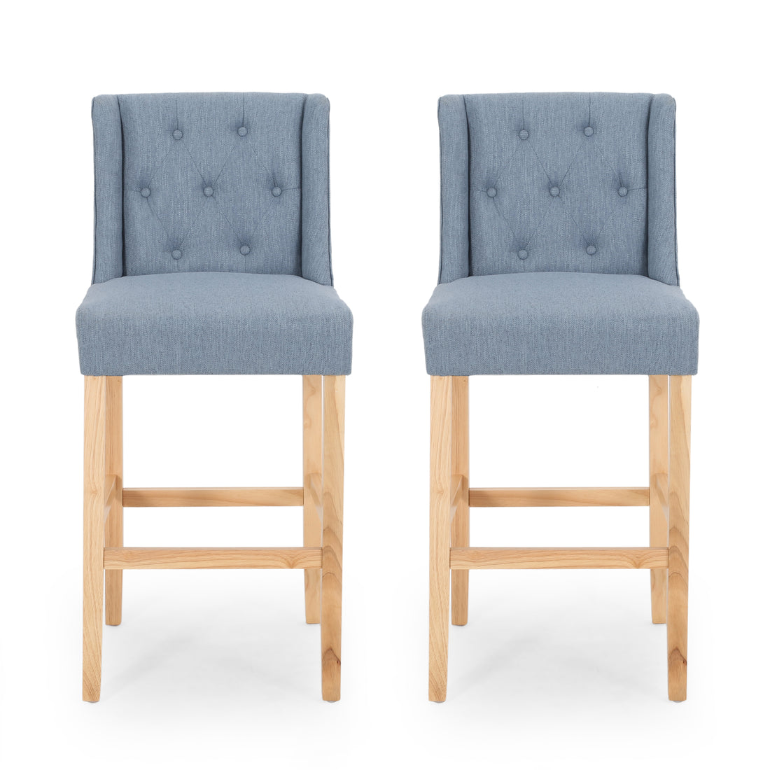 Vienna Contemporary Fabric Tufted Wingback 31 Inch Counter Stools, Set Of 2, Light Blue And Natural Light Blue Fabric