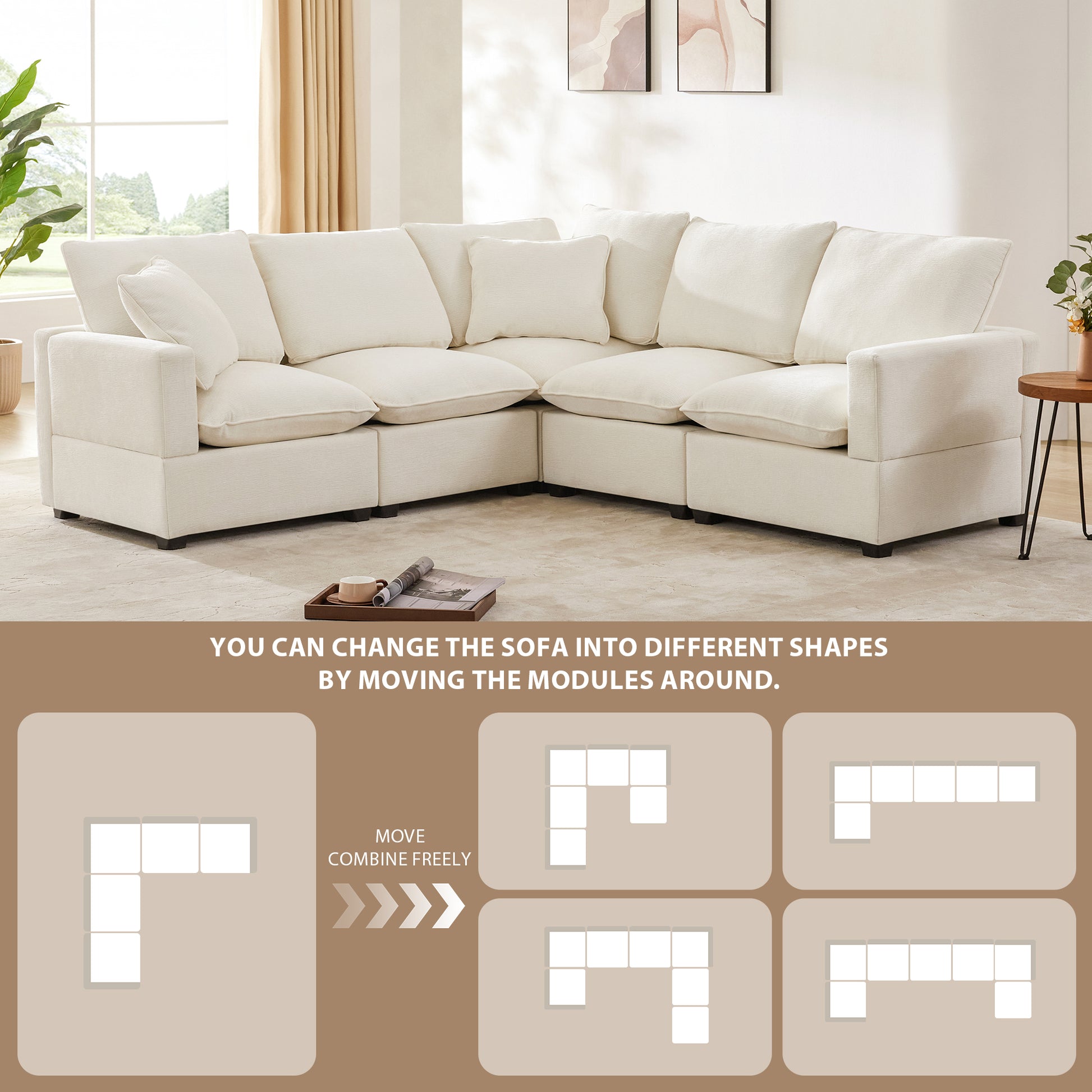 84*84" Modern L Shape Modular Sofa, 5 Seat Chenille Sectional Couch Set With 2 Pillows Included, Freely Combinable Indoor Funiture For Living Room, Apartment, Office, 2 Colors White Chenille 5 Seat