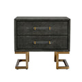 Cid Jon 24 Inch Modern Nightstand, 2 Drawers, Classic, Faux Leather, Gray Grey Gold Wood Fabric