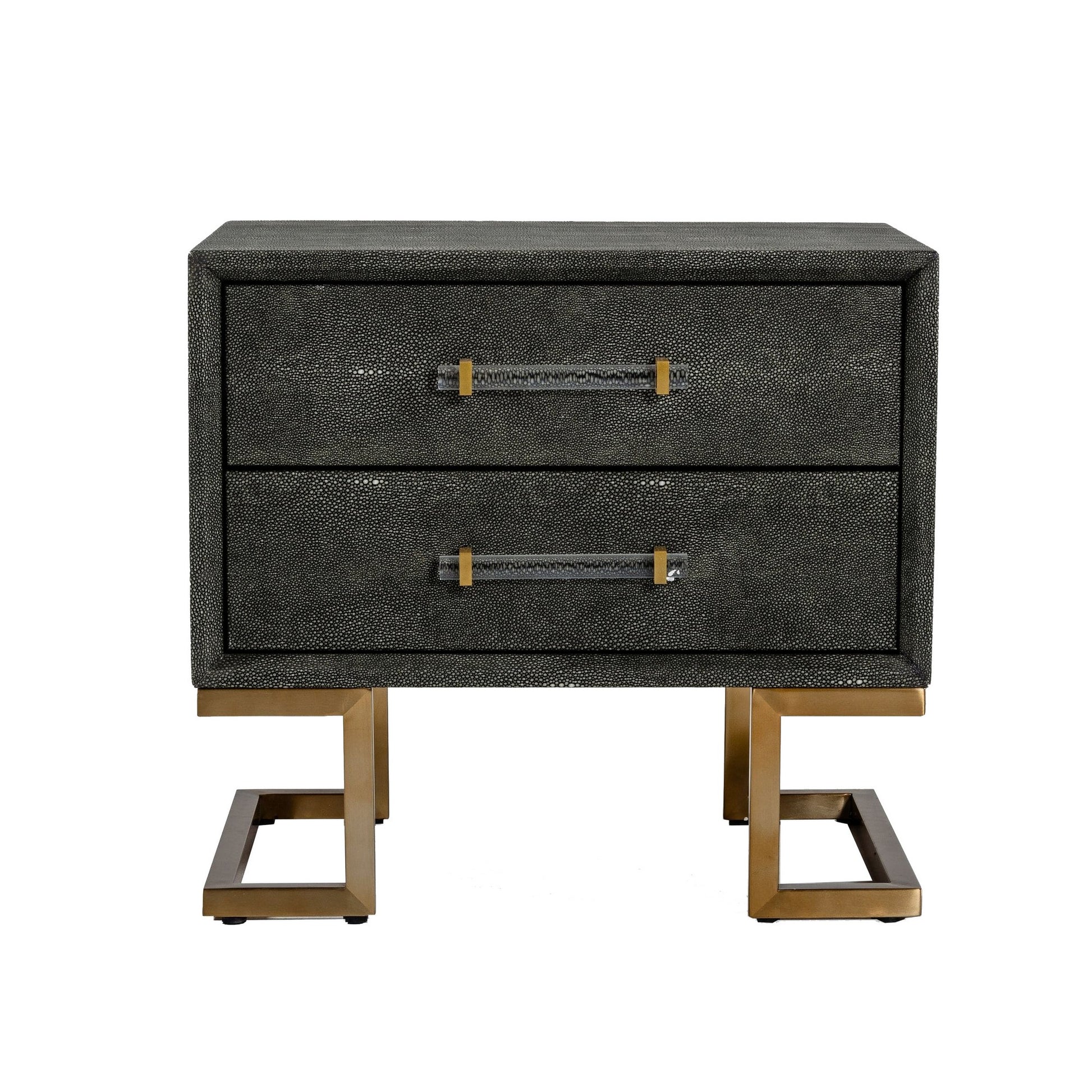 Cid Jon 24 Inch Modern Nightstand, 2 Drawers, Classic, Faux Leather, Gray Grey Gold Wood Fabric