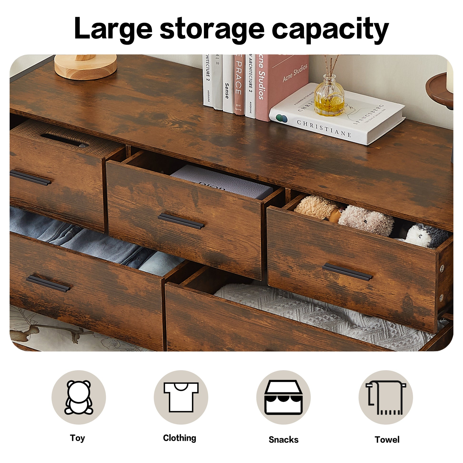 Wood Dresser With 7 Drawers, Wooden Storage Closet For Bedroom, Solid Clothes Cabinet With Sturdy Steel Frame, 48.58"W 15.75"D 31.22"H, 48 Inch, Rustic Brown Brown Particle Board