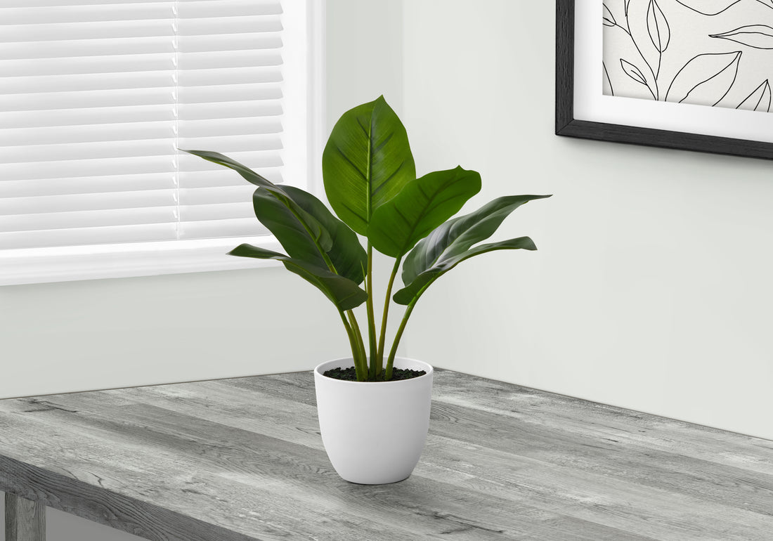 Artificial Plant, 17" Tall, Aureum, Indoor, Faux, Fake, Table, Greenery, Potted, Real Touch, Decorative, Green Leaves, White Pot Green Foam Plastic