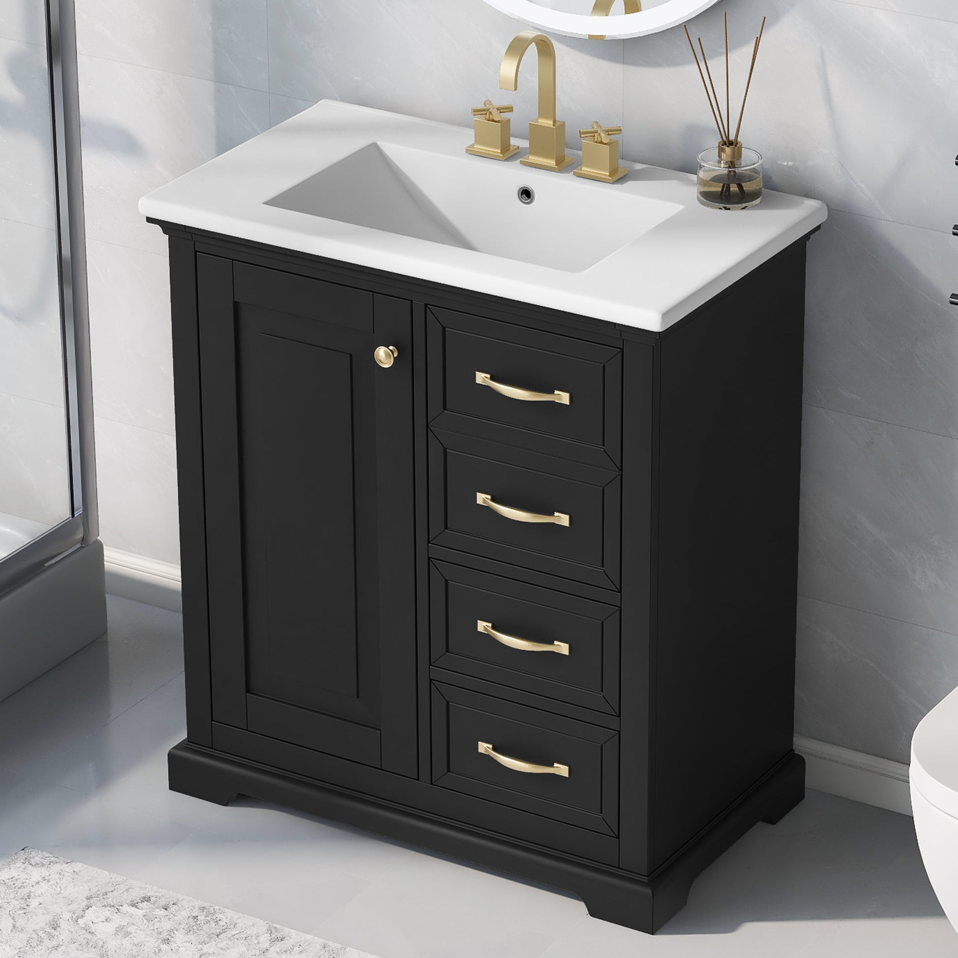 30" Bathroom Vanity With Sink, One Package, Black Bathroom Cabinet With Drawers, Solid Frame And Mdf Board Black Solid Wood Mdf