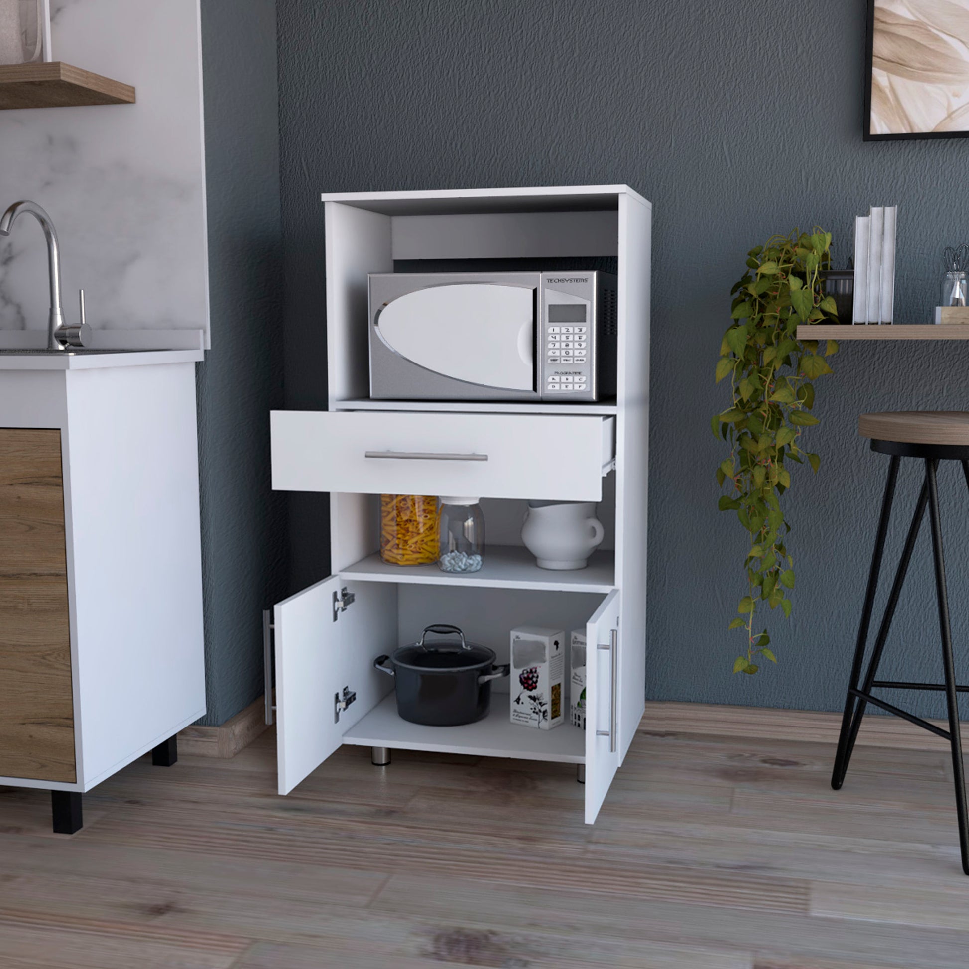 Corsica Pantry Cabinet Microwave Stand, Multi Function With Drawer White White Kitchen Particle Board Engineered Wood