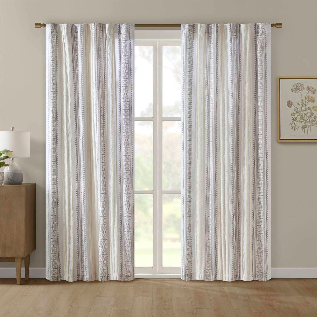 Poly Printed Curtain Panel With Tufted Stripe And Lining White Brown 50X84" Multicolor Polyester