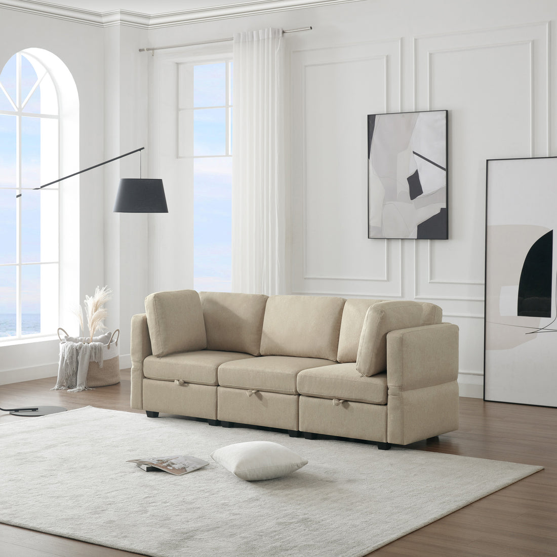 Oversized Modular Sectional Convertible Fabric Sofa Set,Extra Large Sectional Storage Seat Couch For Living Room, 3 Seat Modern Modular Sofa Beige Beige Polyester 3 Seat