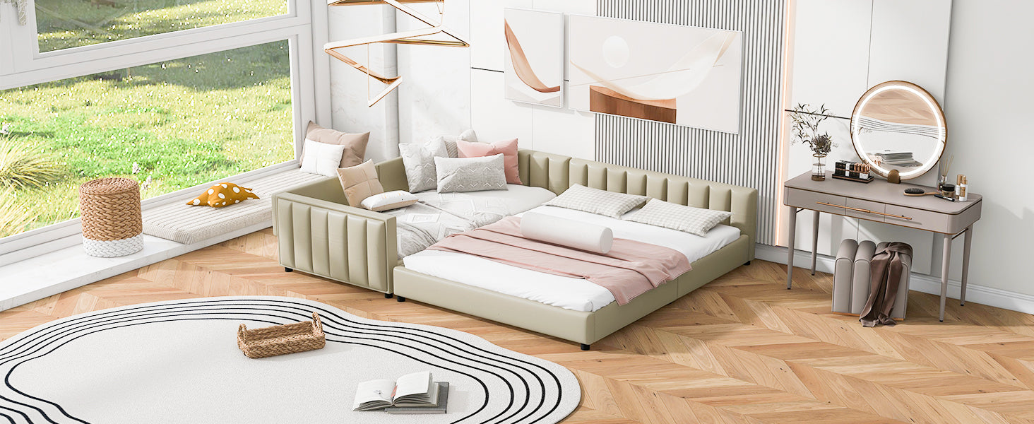 Queen Size & Twin Xl Size Upholstered Platform Bed, Mother & Child Bed, Pu Leather, Beige Beige Pu Leather