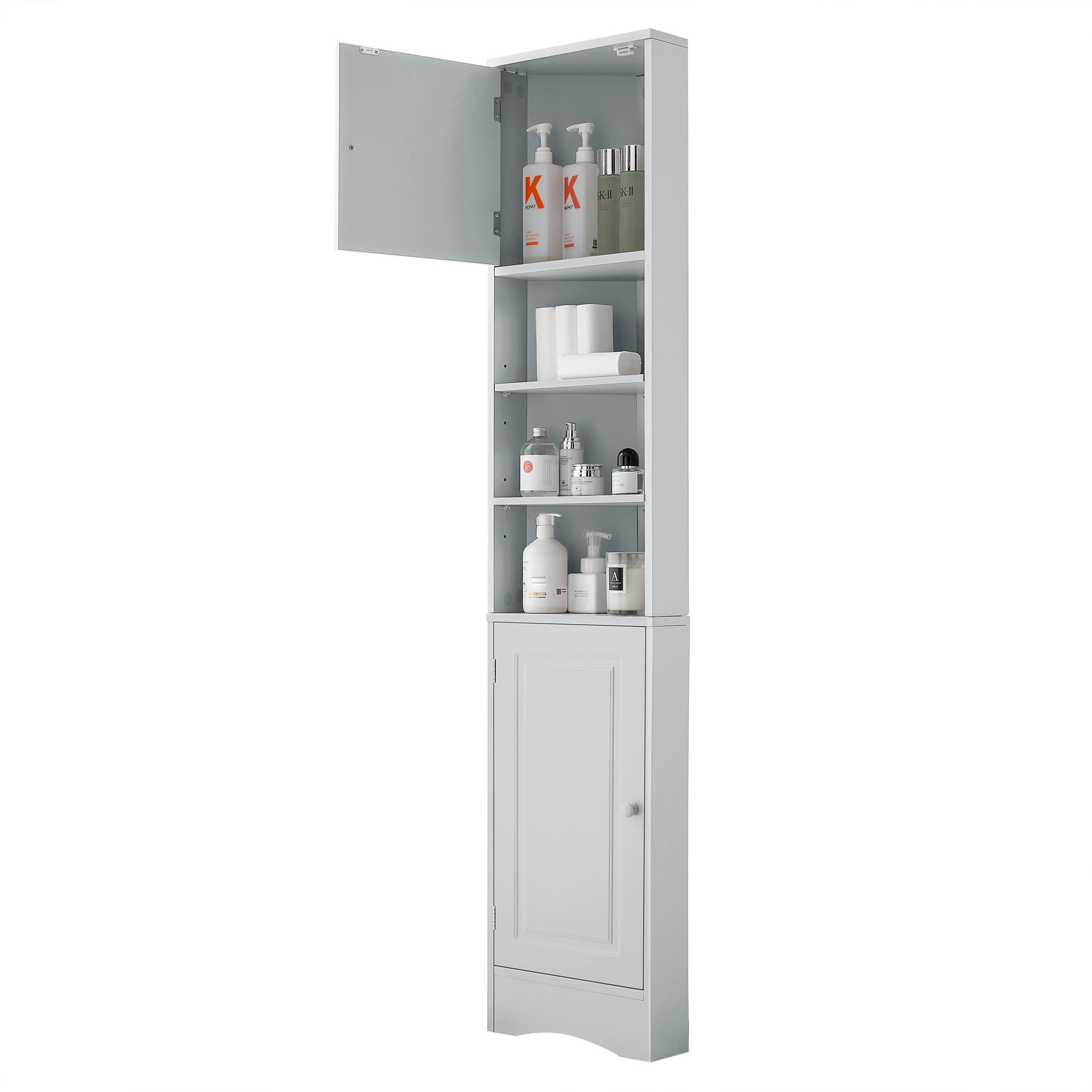 Multi Functional Corner Cabinet Tall Bathroom Storage Cabinet With Two Doors And Adjustable Shelves, Open Shelf, Grey Grey Mdf