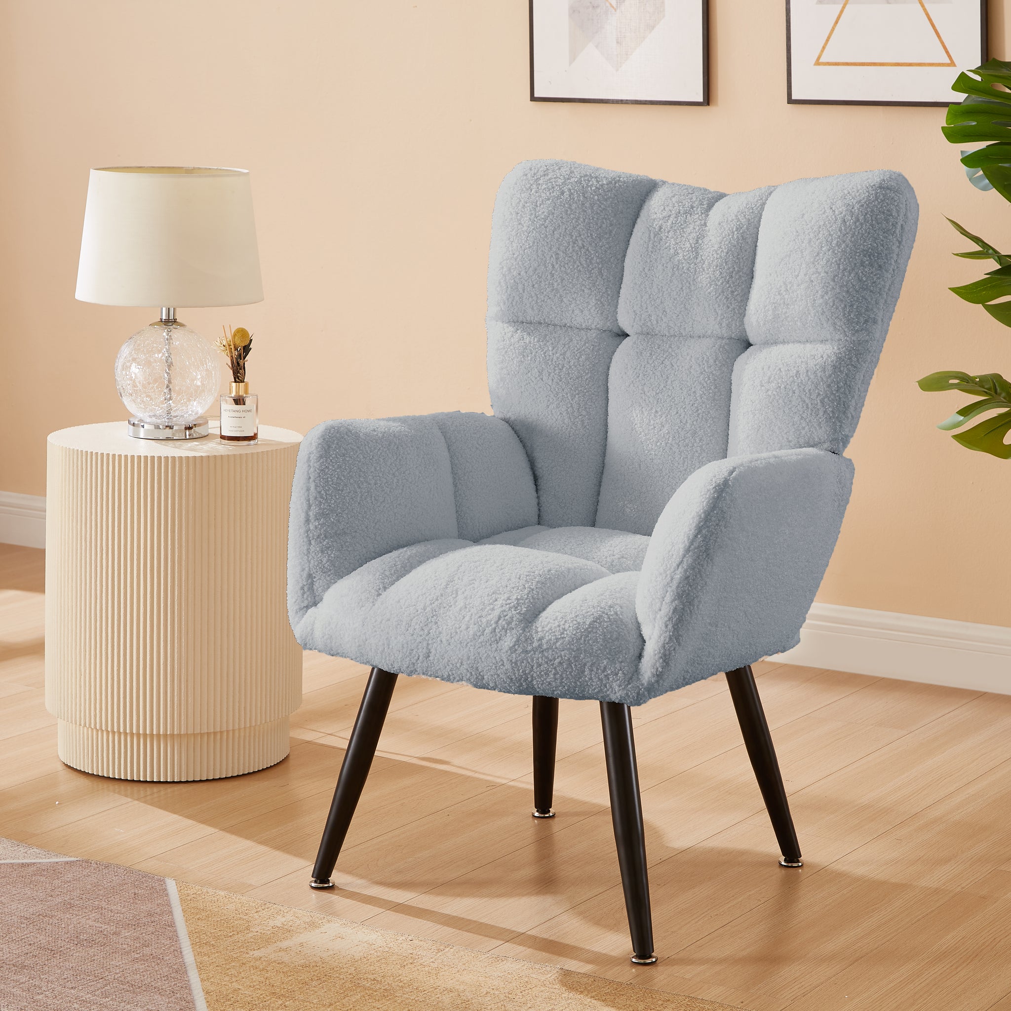 Modern Single Sofa Armchair With High Backrest Comfy Reading Chair For Small Spaces Living Room Bedroom Apartment Color:Blue Light Blue Teddy