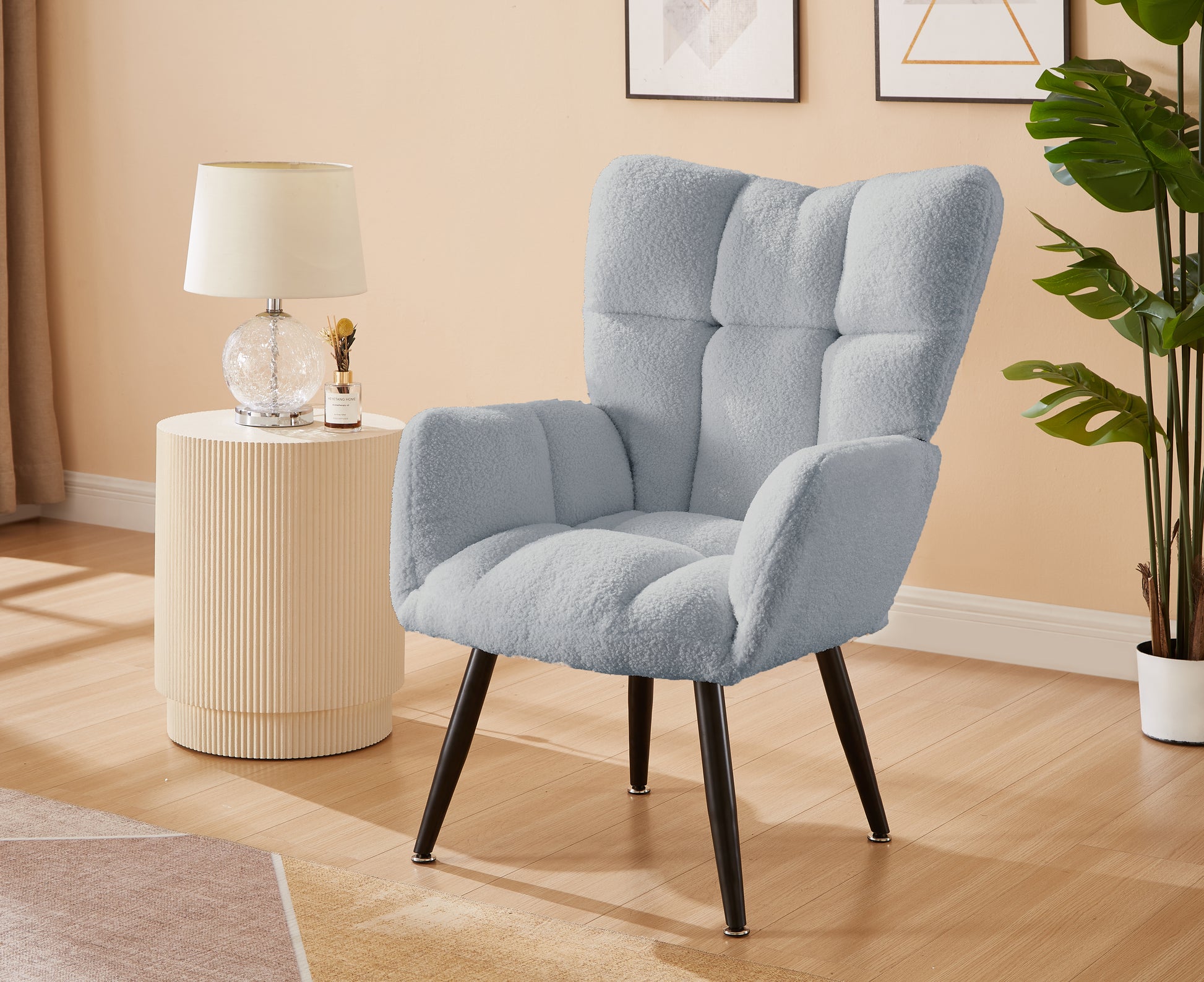 Modern Single Sofa Armchair With High Backrest Comfy Reading Chair For Small Spaces Living Room Bedroom Apartment Color:Blue Light Blue Teddy