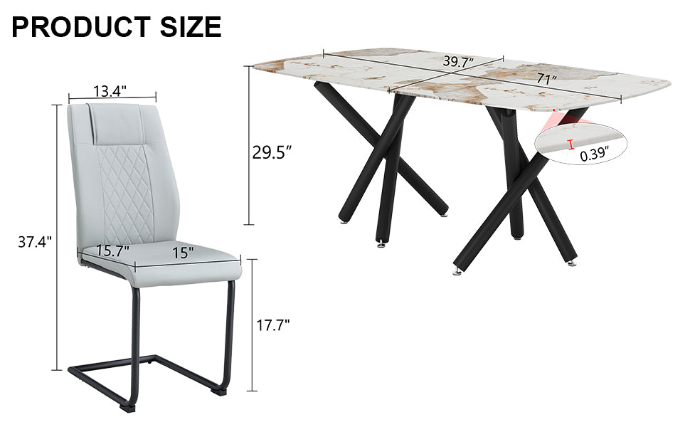 1 Table And 8 Chairs Set.A Rectangular Dining Table With A 0.39 Inch Imitation Marble Tabletop And Black Metal Legs.Paired With 8 Chairs With Pu Leather Seat Cushion And Black Metal Legs.F 1538,C 001 Black Glass Metal