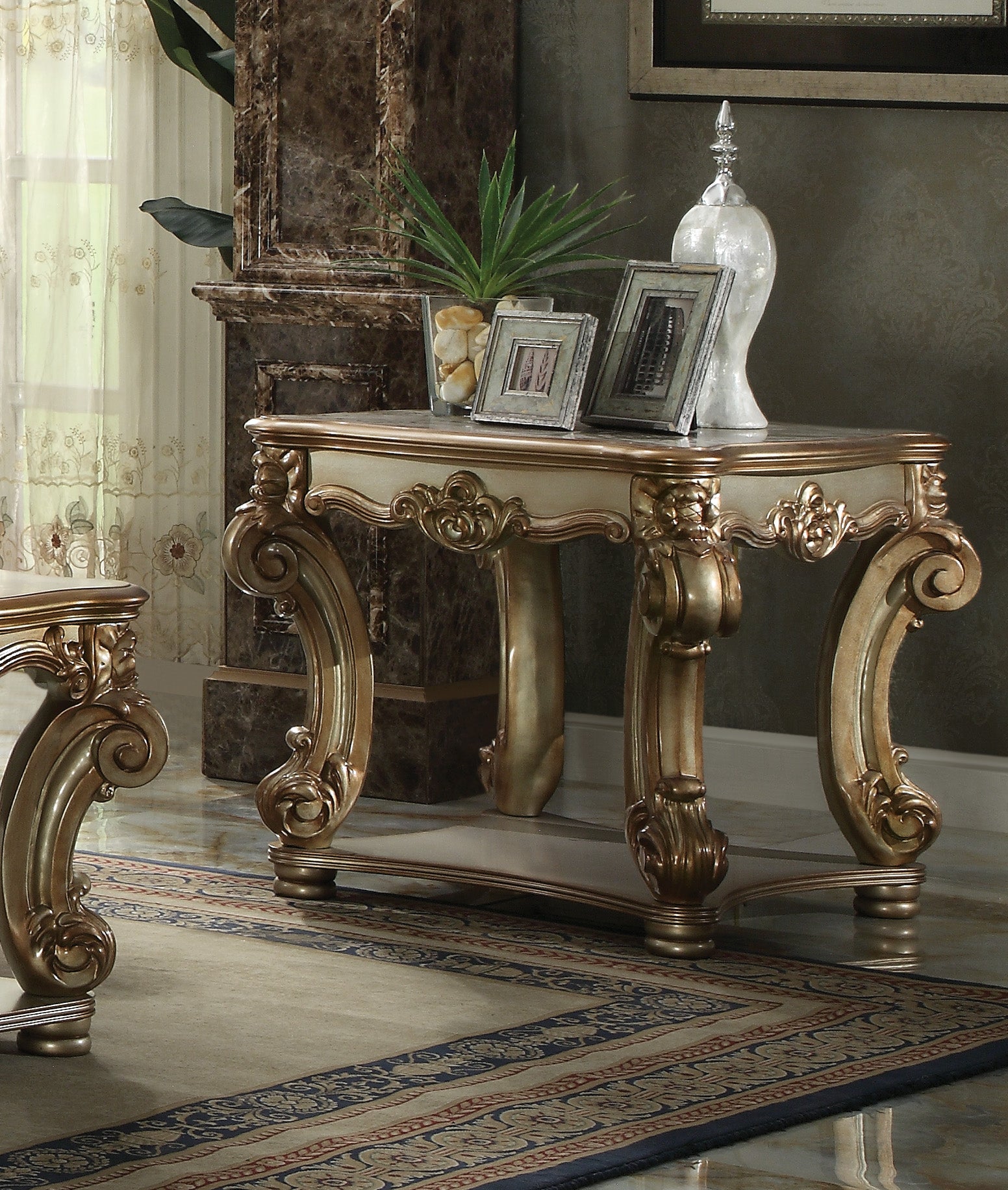 Gold Patina End Table With Bottom Shelf Gold White Primary Living Space Shelves Square Solid Wood Mdf