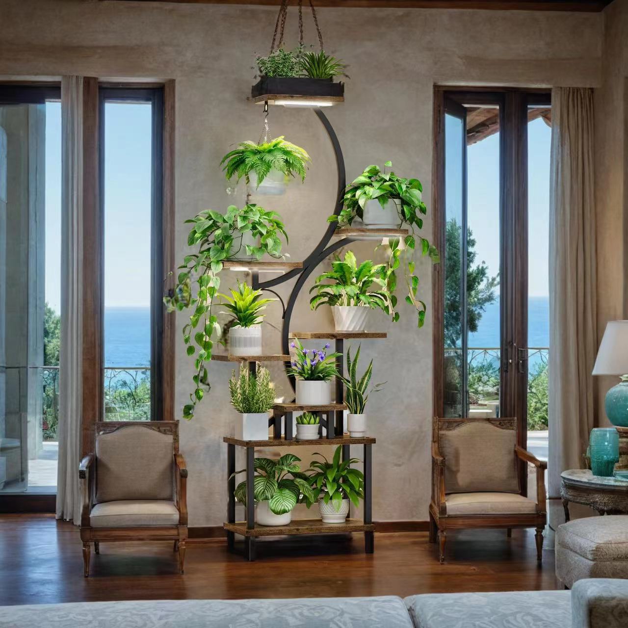 Plant Stand Indoor With Grow Lights, 8 Tiered Indoor Plant Shelf, 61" Tall Plant Stand For Indoor Plants Multiple, Metal Plant Flower Holder Stand, S Shaped Plant Rack For Home, Patio Black Black