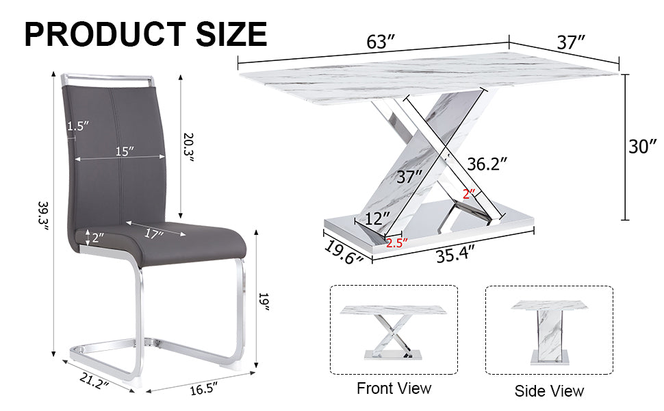 Table And Chair Set, Modern Dining Table, Imitation Marble White Top And Silver Legs, Soft And Comfortable Dining Chair, Perfect For Dinner, Meetings, Home And Office Decor Grey Silver Glass Metal