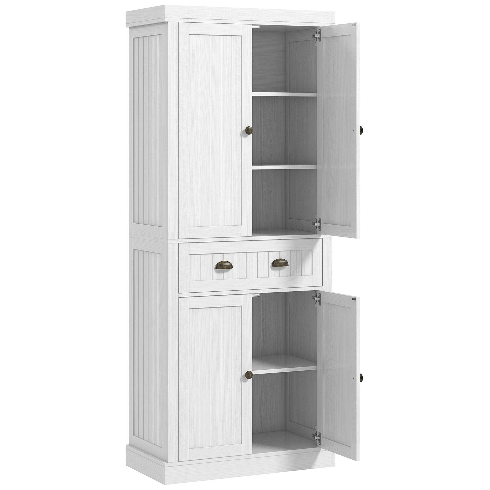 Homcom 72" Farmhouse Kitchen Pantry Cabinet, Freestanding Tall Storage Cabinet With 4 Soft Close Doors, 2 Adjustable Shelves And Drawer For Dining Room, Distressed White White Mdf