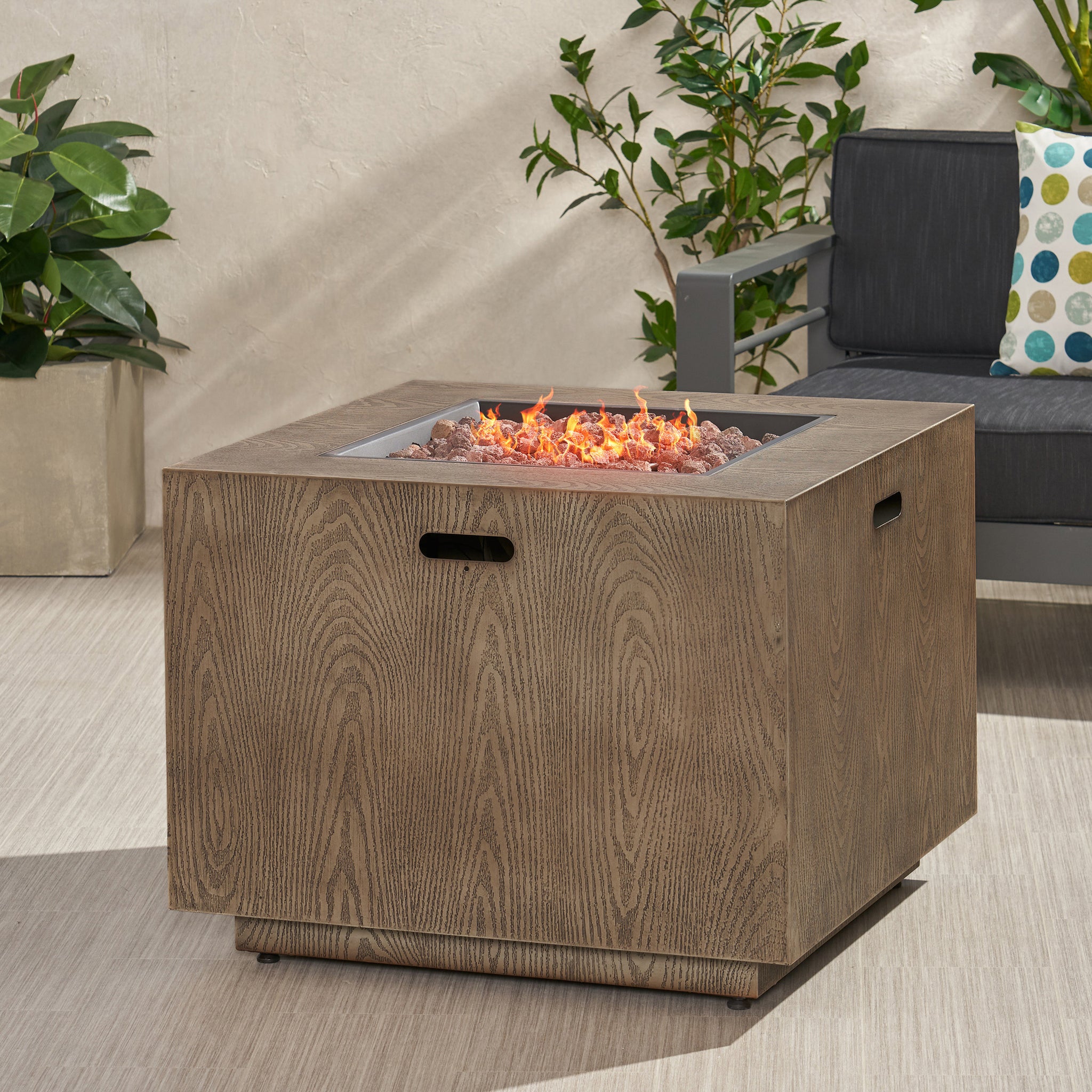 Outdoor Patio Gas Burning Fire Pit 50, 000 Btu Tank Inside, Square, Iron Wood Pattern, Brown Wood Iron