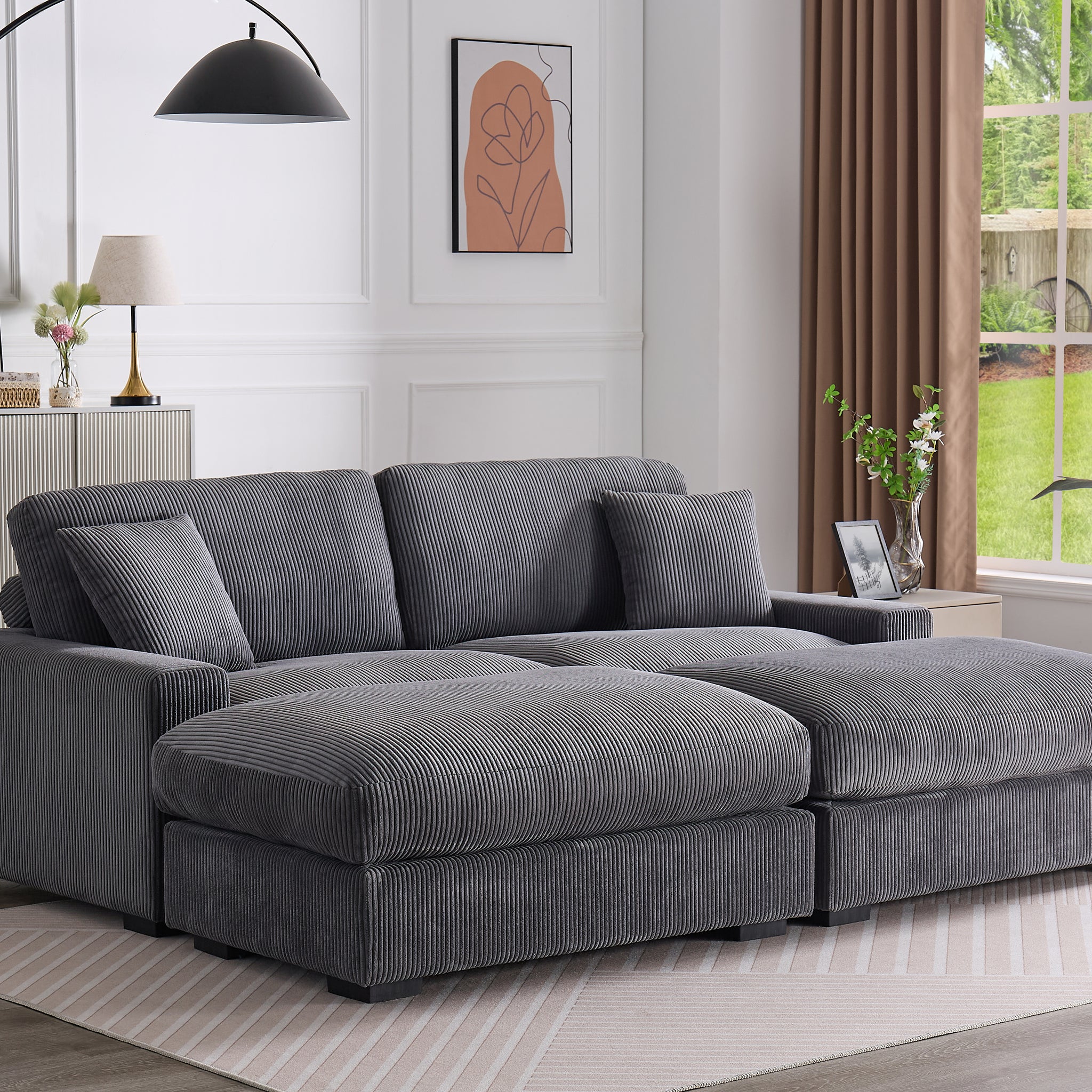 Modular Sectional Sofa,4 Seater Oversized Sectional Sofa, Corduroy Fabric With 2 Ottoman Bench And 2 Pillows, Modular Sectionals Sofa Couch For Living Room Gray Corduroy 4 Seat