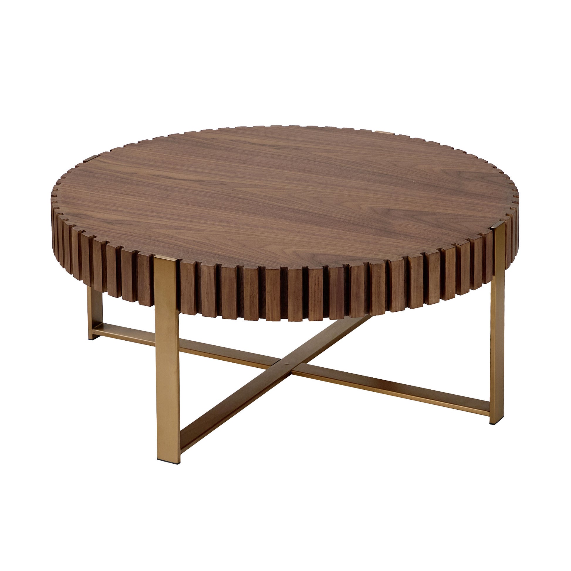 Modern Handcraft Drum Coffee Table 31.5 Inch Round Coffee Table For Living Room,Small Coffee Table With Sturdy Pedestal,Walnut Walnut Mdf Metal
